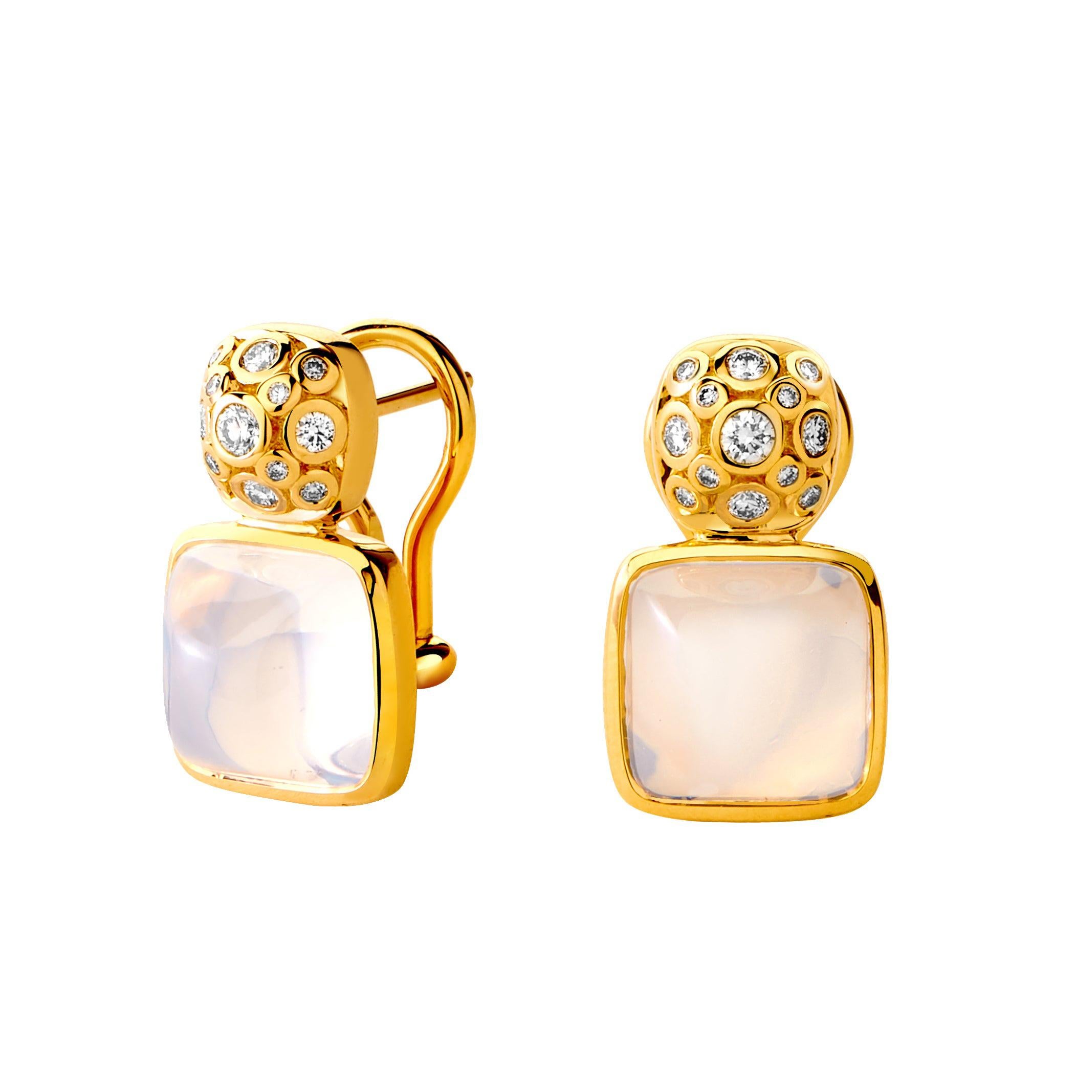 Syna Yellow Gold Earrings with Moon Quartz and Diamonds For Sale