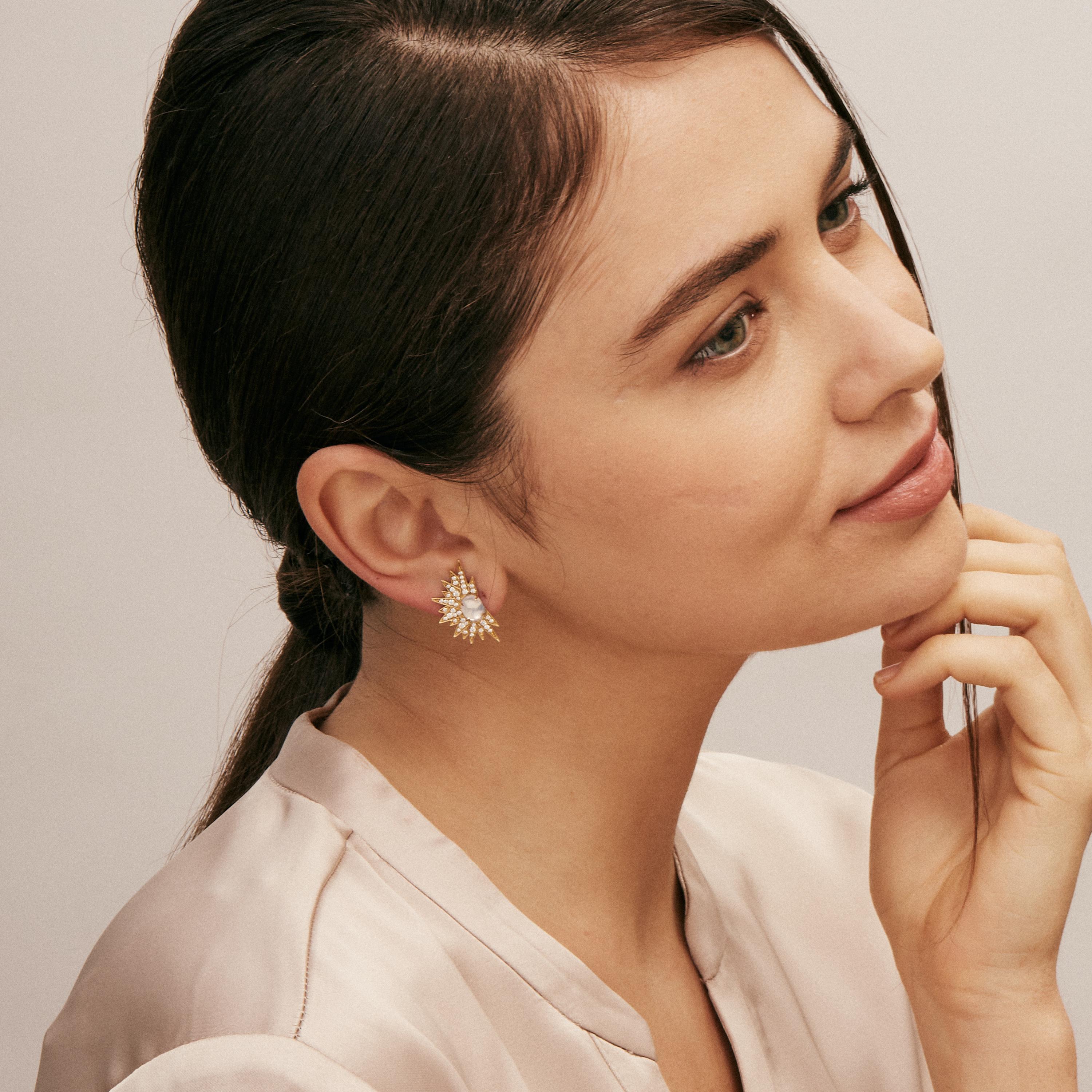 Contemporary Syna Yellow Gold Earrings with Moon Quartz and Diamonds For Sale
