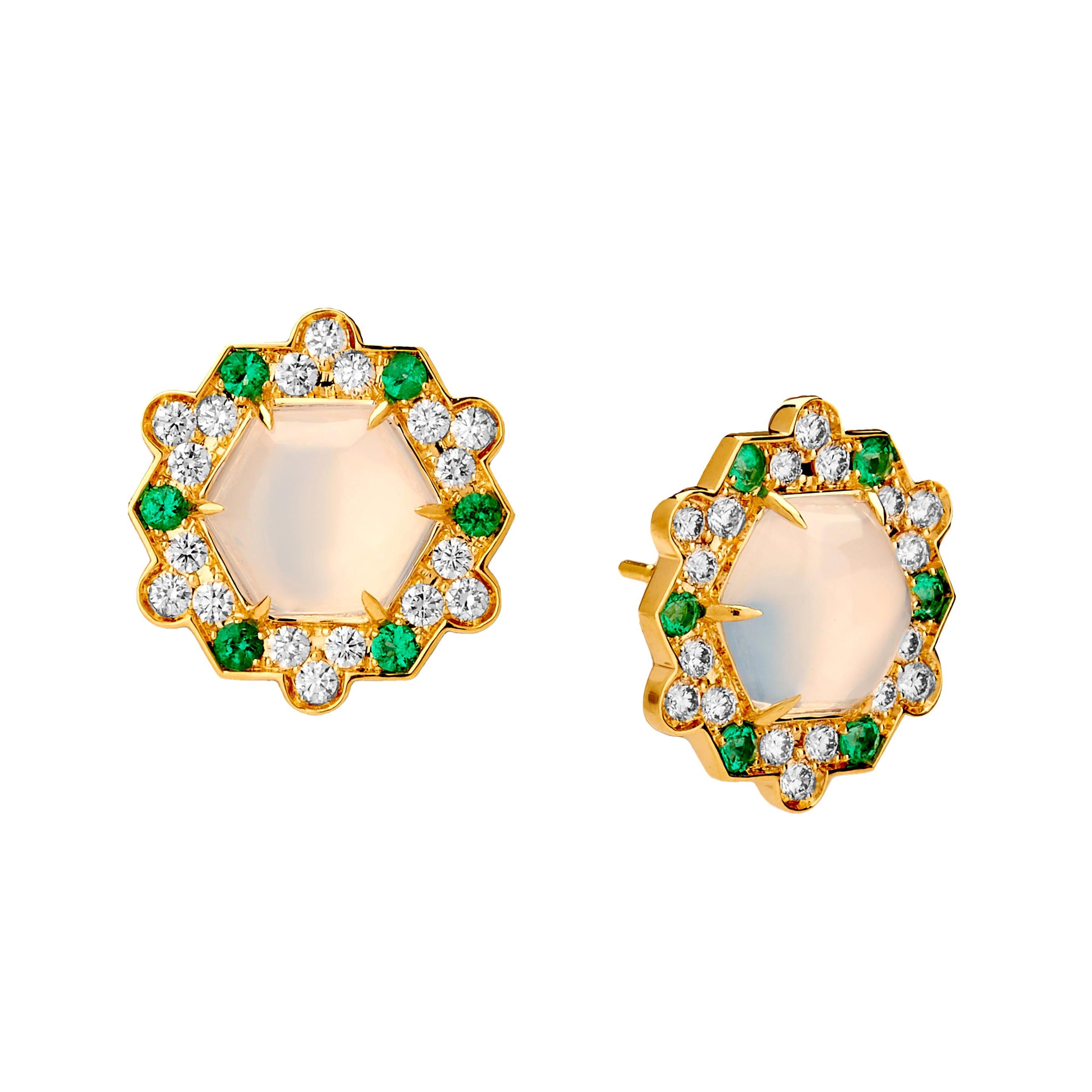 Syna Yellow Gold Earrings with Moon Quartz, Emeralds and Diamonds