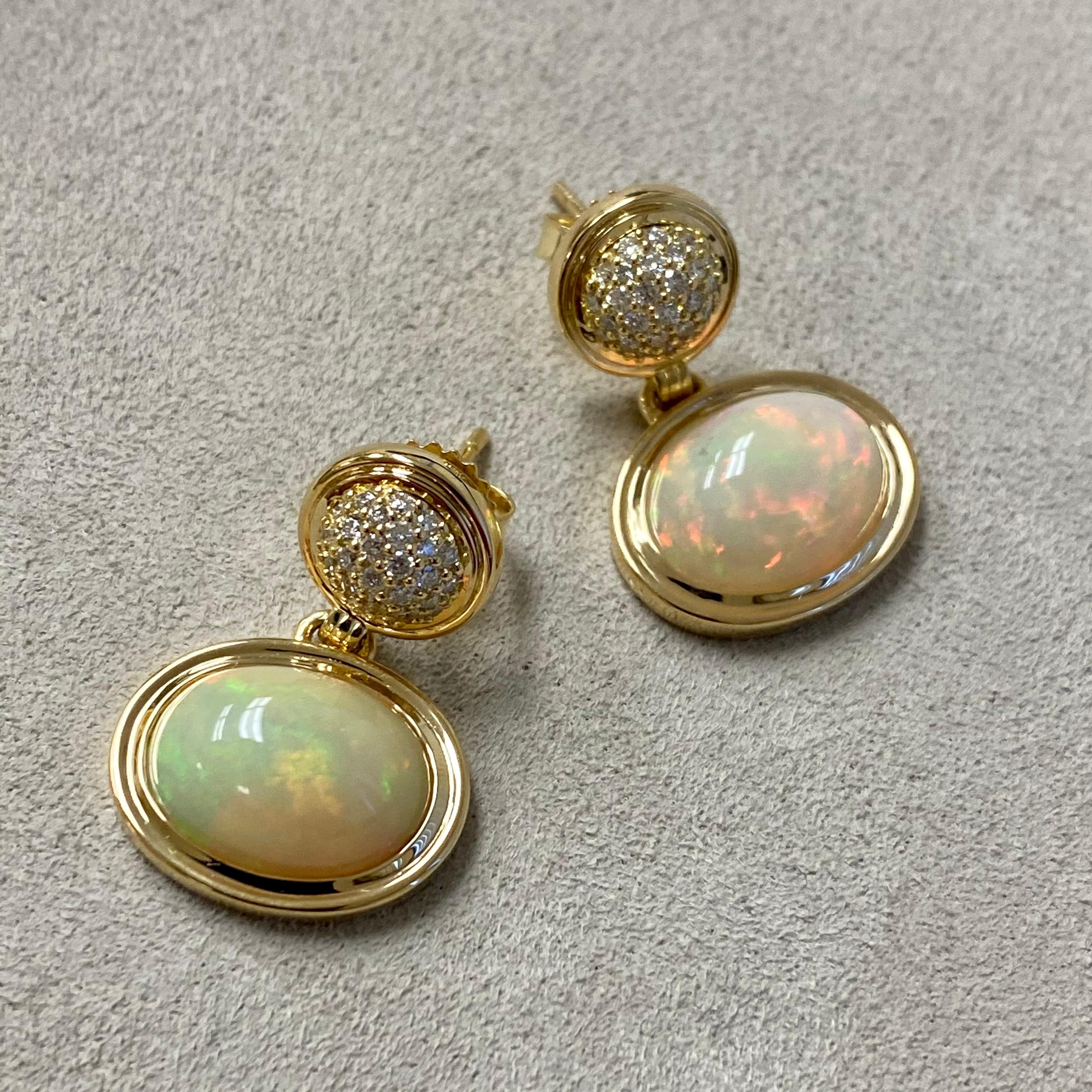 Contemporary Syna Yellow Gold Earrings with Opal and Champagne Diamonds