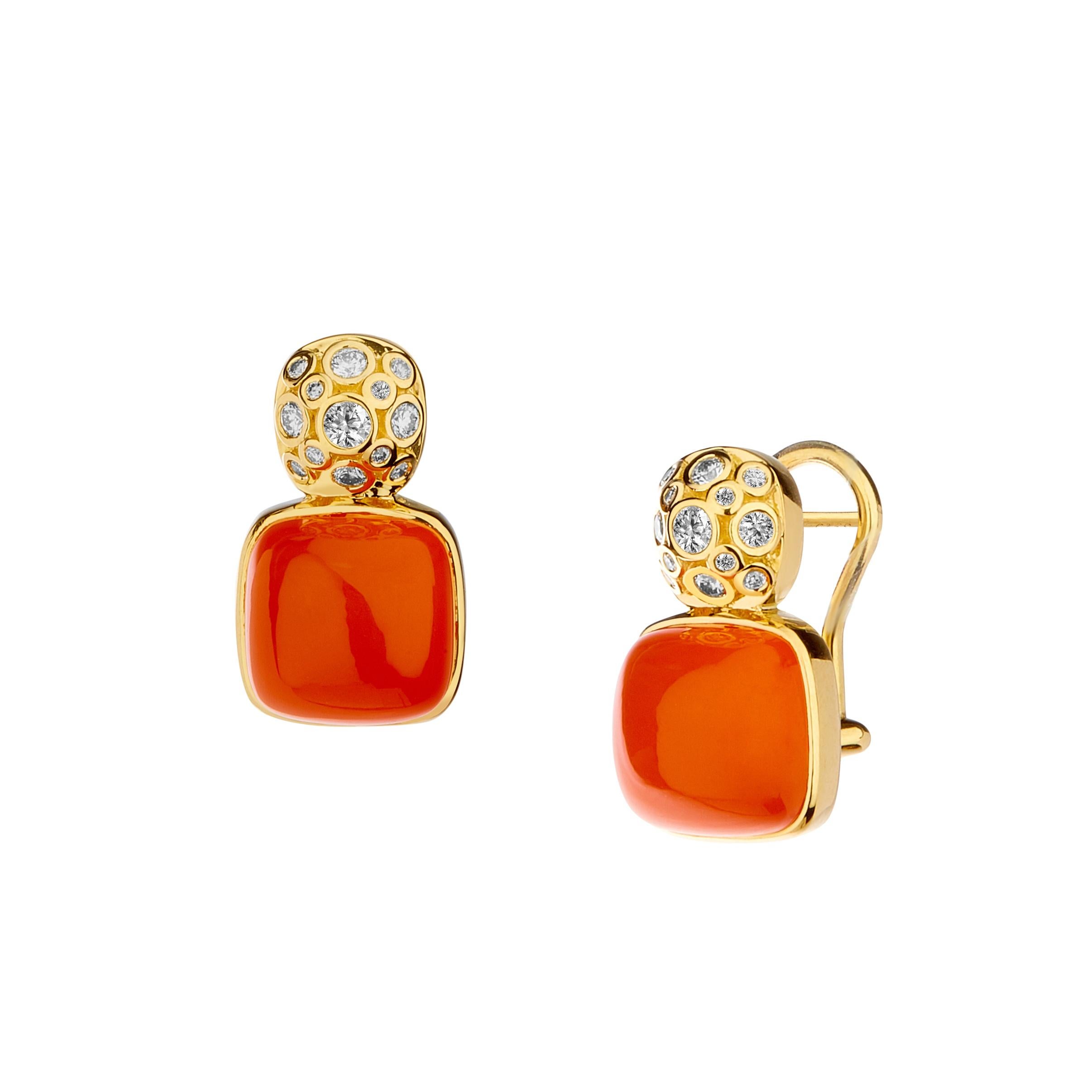 Sugarloaf Cabochon Syna Yellow Gold Earrings with Orange Chalcedony and Diamonds For Sale