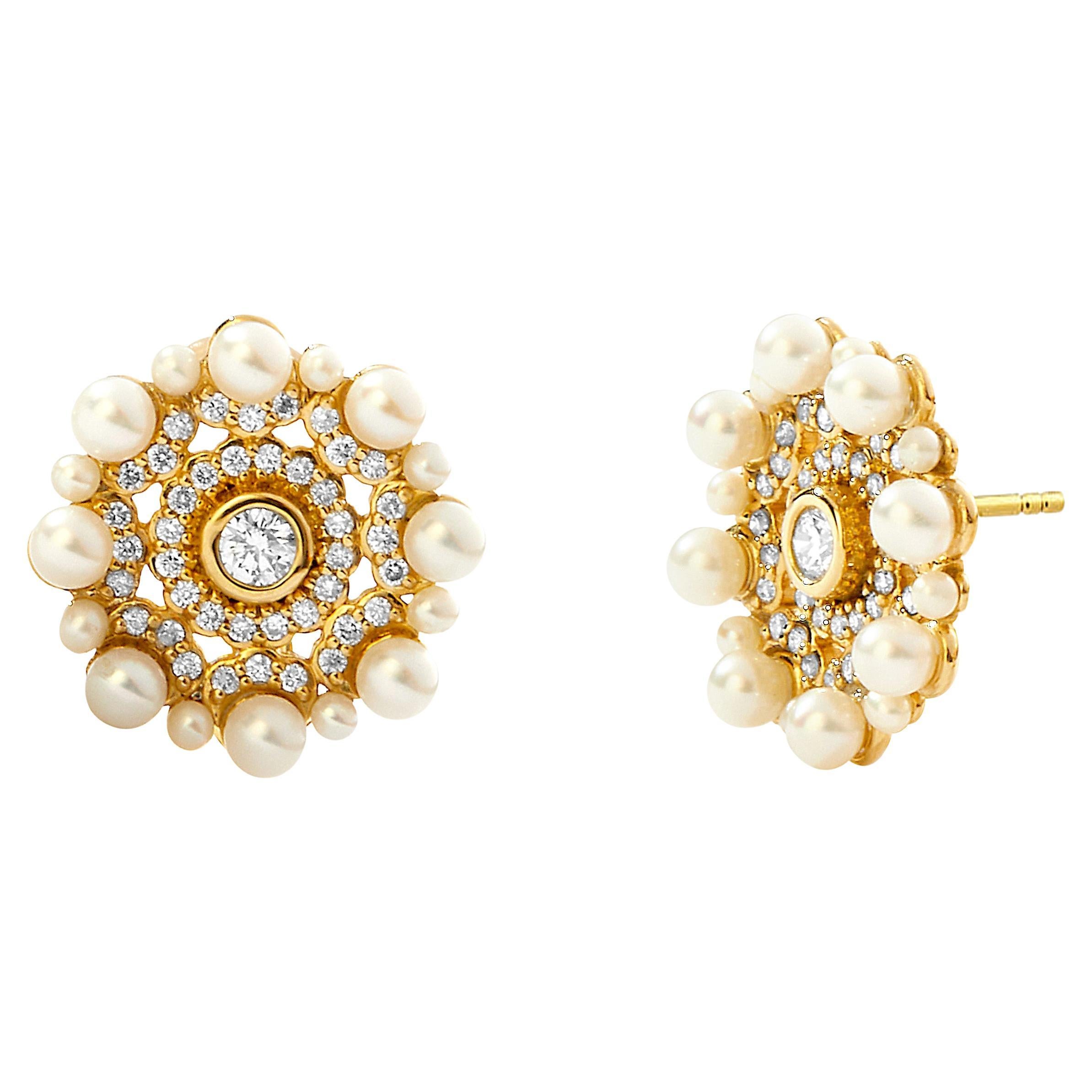 Syna Yellow Gold Earrings with Pearls and Diamonds For Sale
