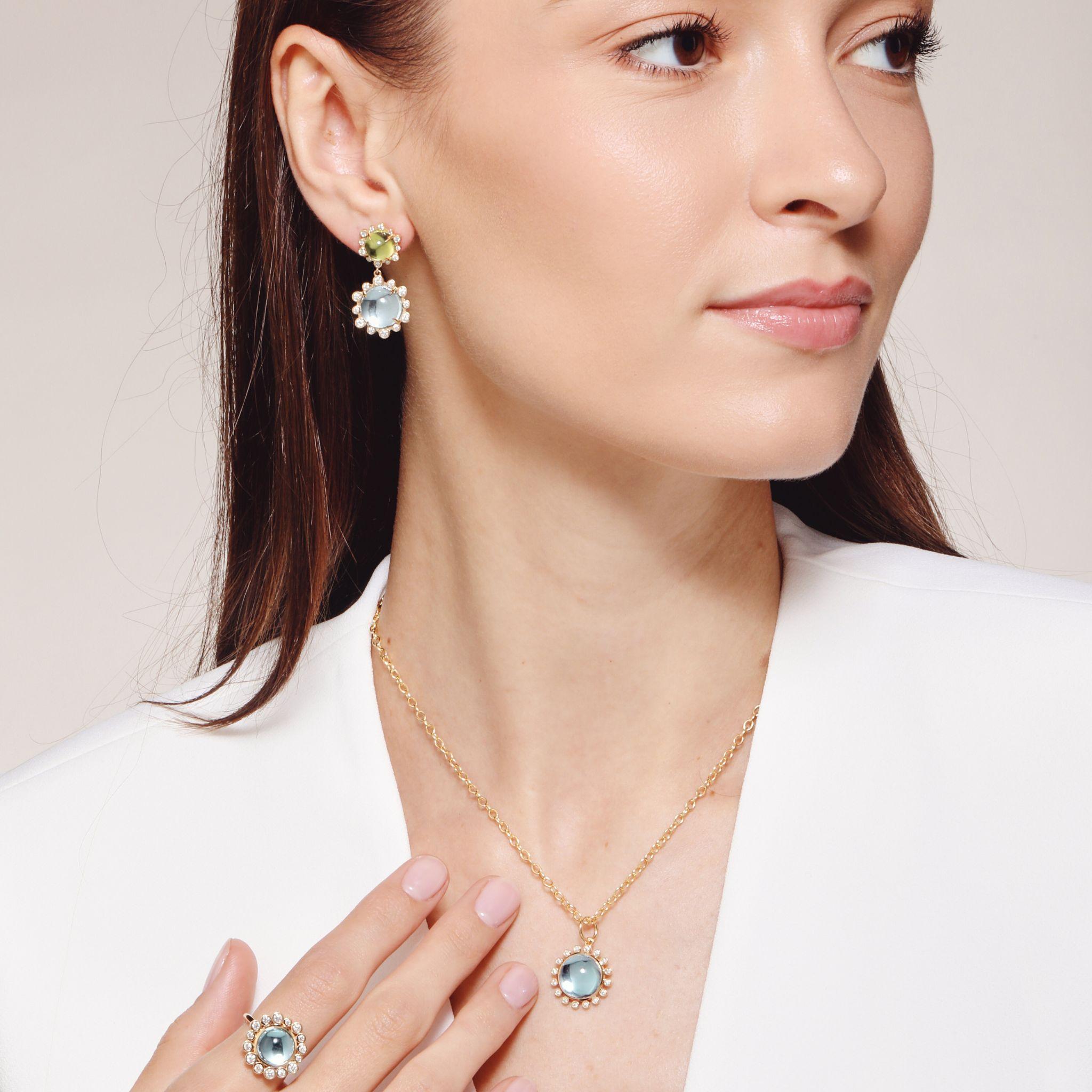 Pendientes Syna de Oro Amarillo con Peridoto, Topacio Azul y Diamantes Contemporáneo en venta
