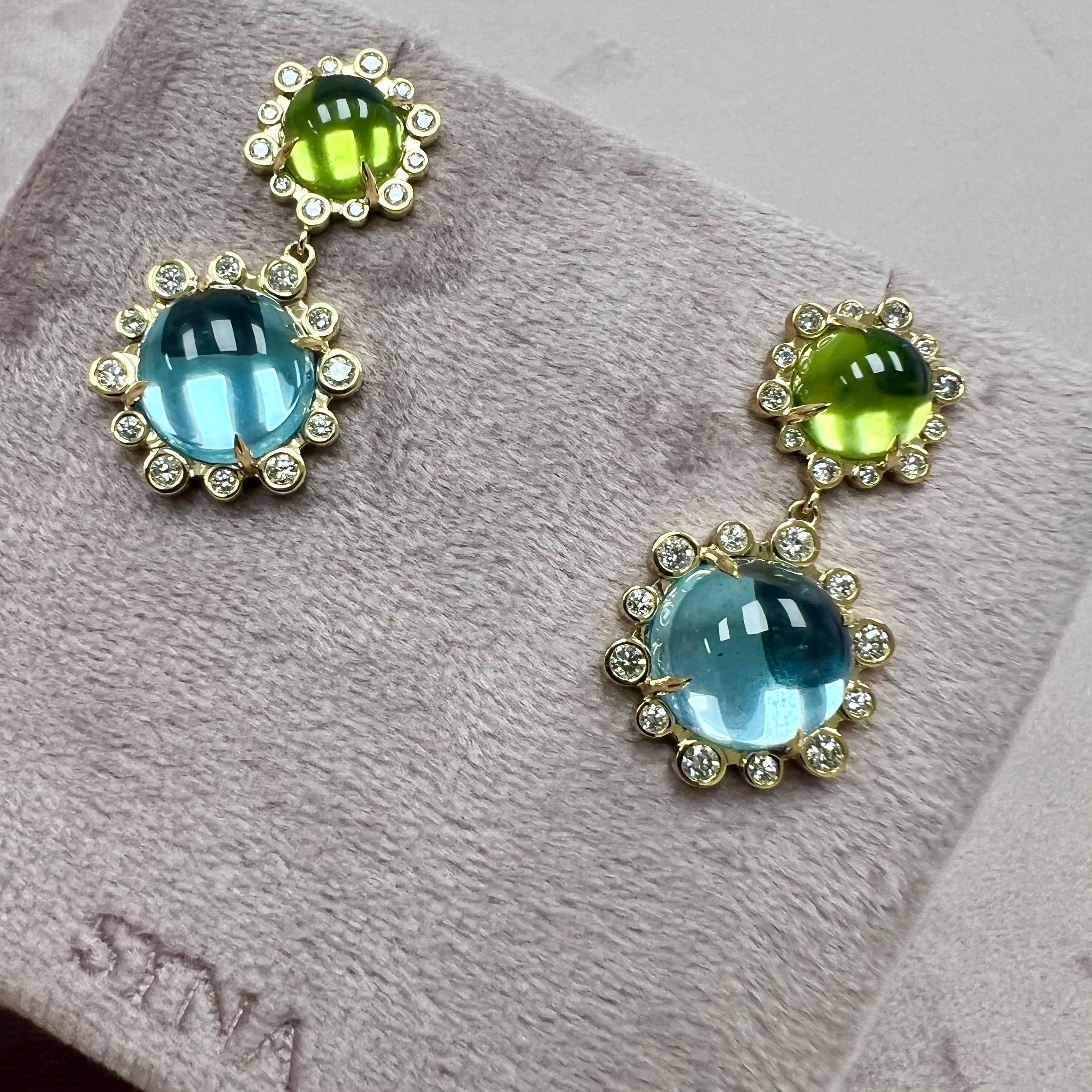Cabochon Syna Yellow Gold Earrings with Peridot, Blue Topaz and Diamonds For Sale
