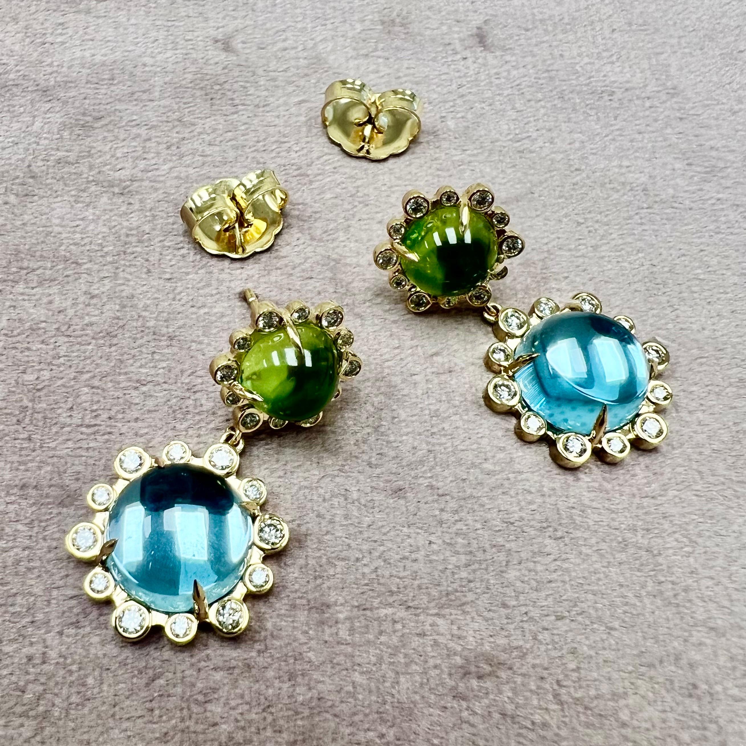Syna Yellow Gold Earrings with Peridot, Blue Topaz and Diamonds In New Condition For Sale In Fort Lee, NJ