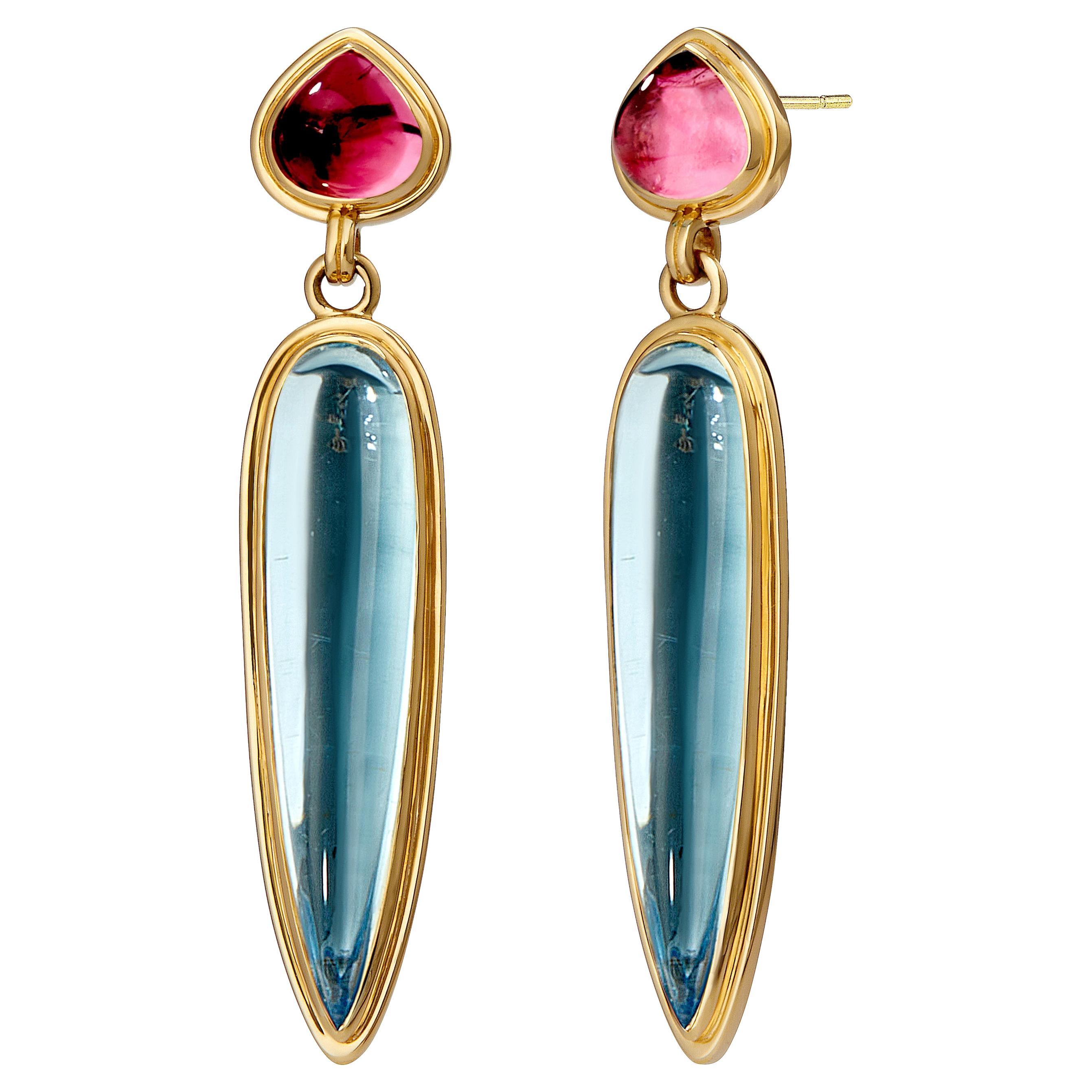 Orecchini Syna in oro giallo con tormalina rosa e topazio blu