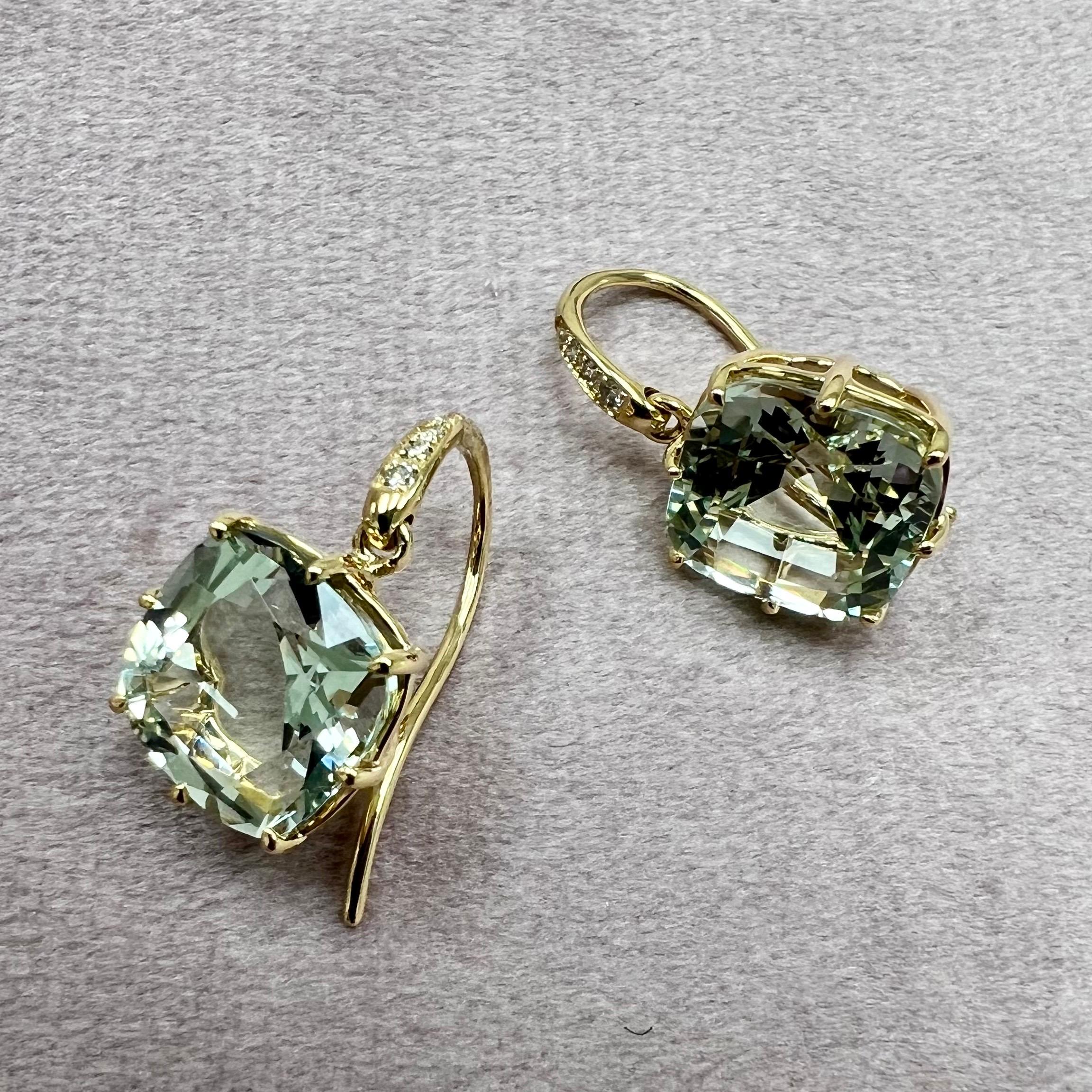 Mixed Cut Syna Yellow Gold Earrings with Prasiolite Quartz and Diamonds For Sale