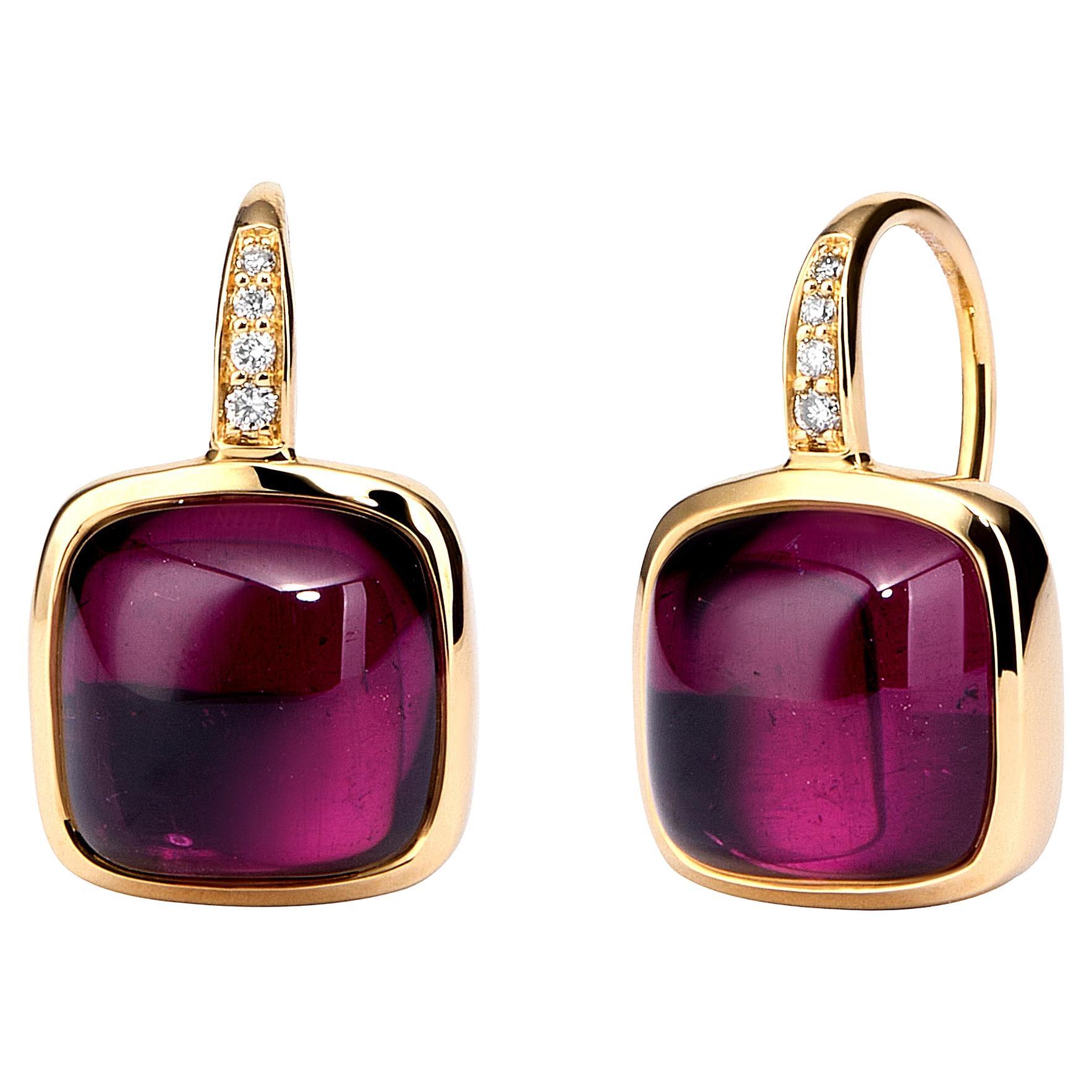 Syna Yellow Gold Earrings with Rhodolite Garnet and Diamonds in vendita