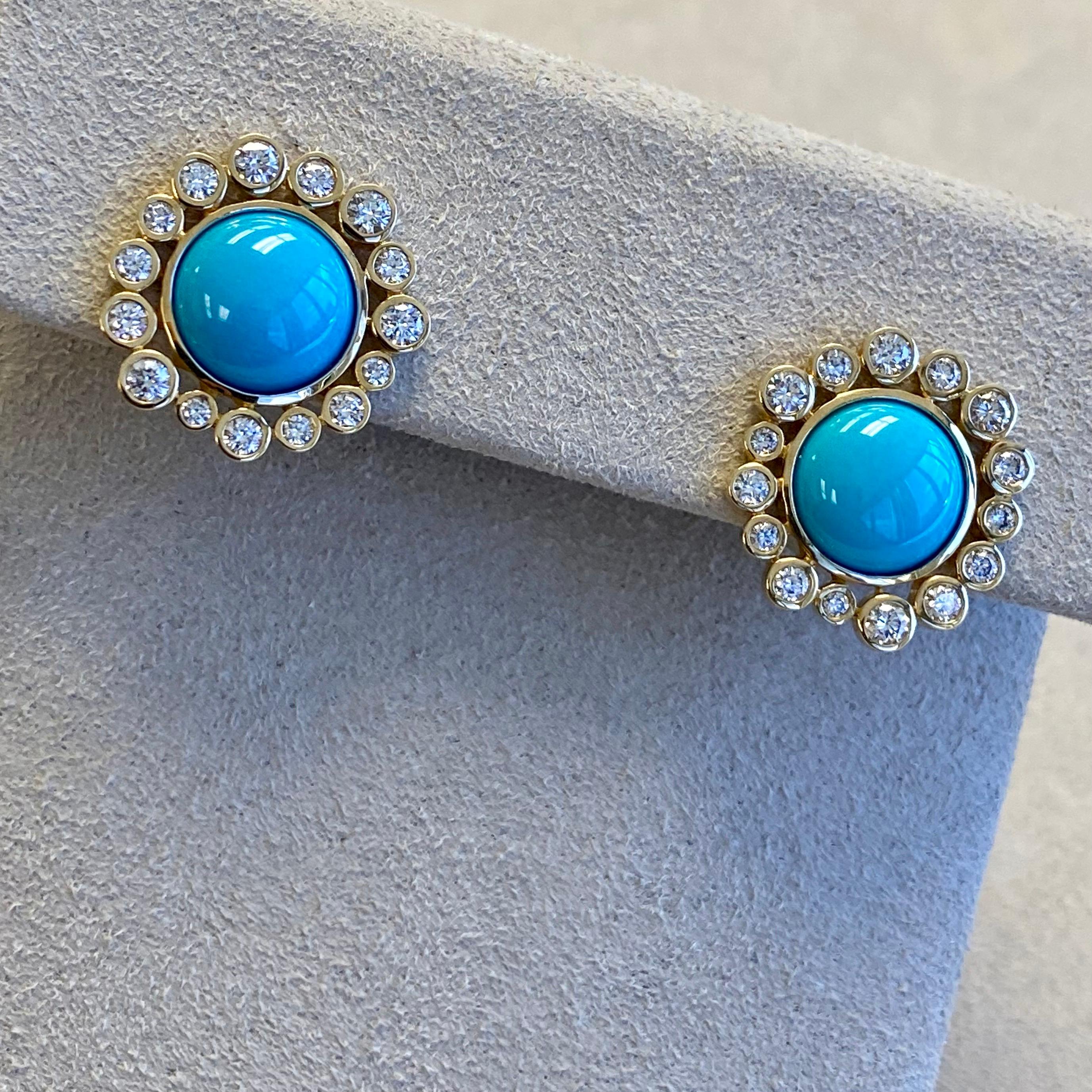 Syna Yellow Gold Earrings with Turquoise and Diamonds In New Condition For Sale In Fort Lee, NJ