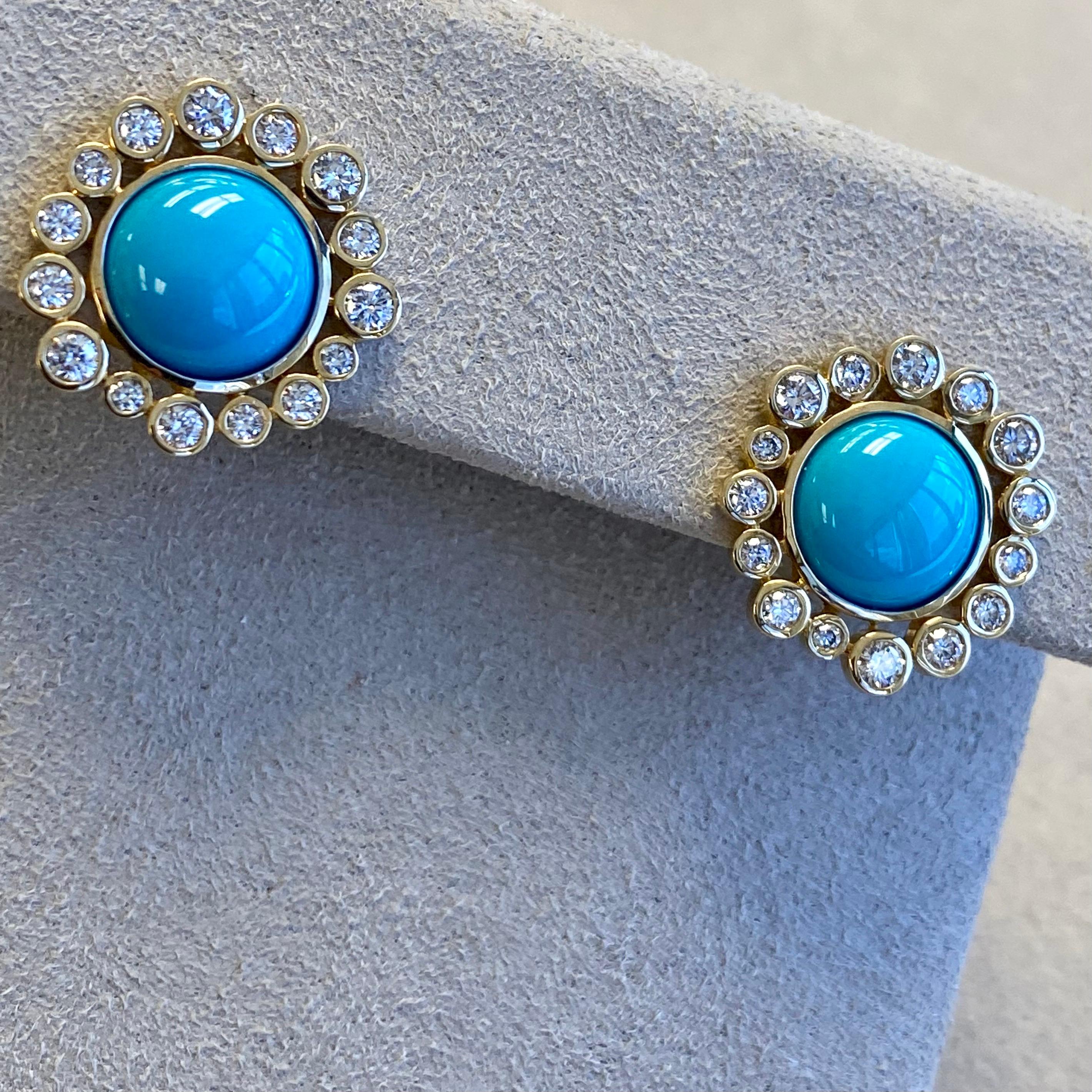 Syna Yellow Gold Earrings with Turquoise and Diamonds For Sale 1
