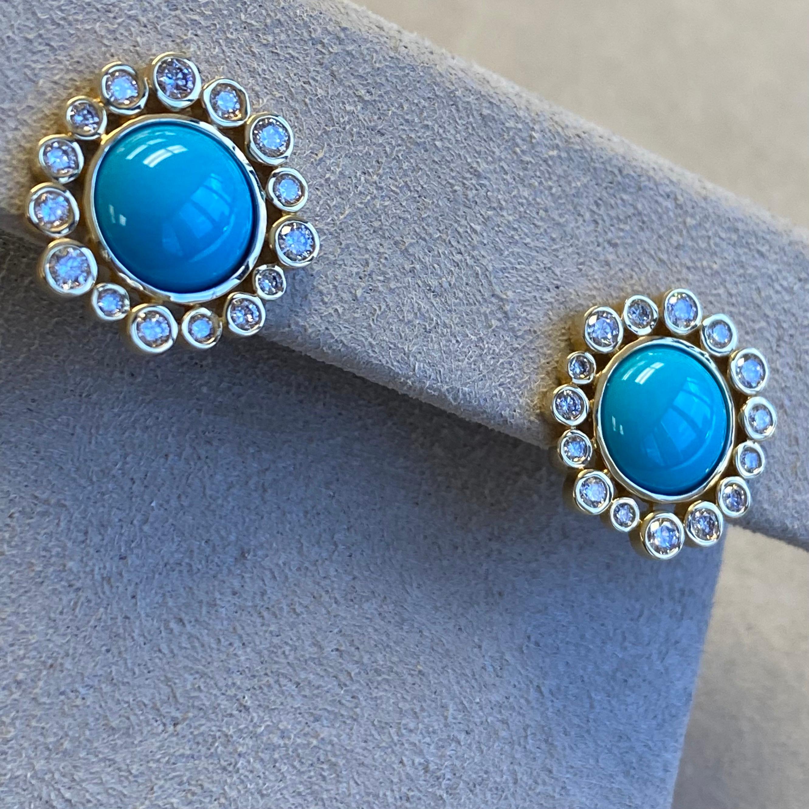 Syna Yellow Gold Earrings with Turquoise and Diamonds For Sale 2