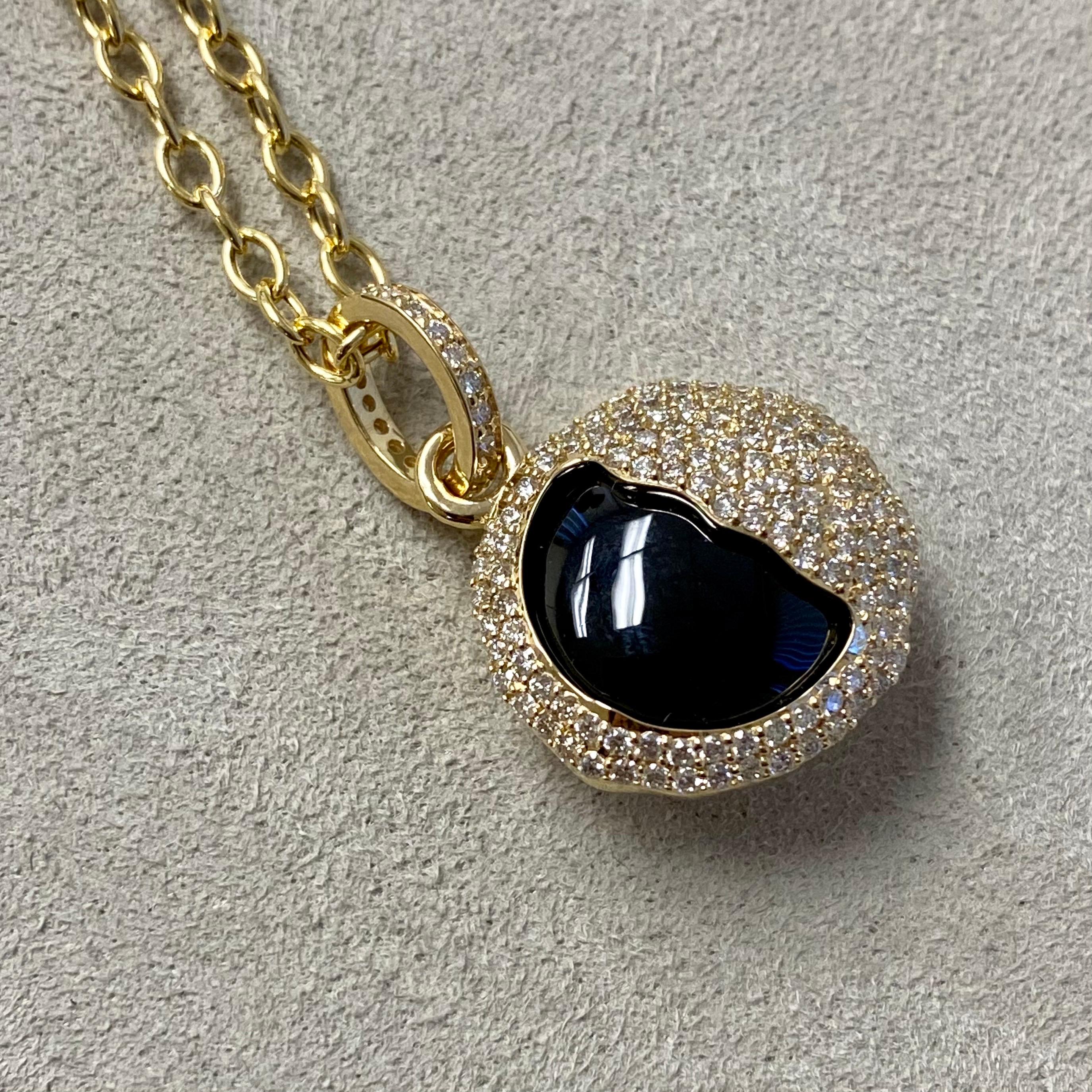 Round Cut Syna Yellow Gold Eclipse Pendant with Black Onyx and Diamonds