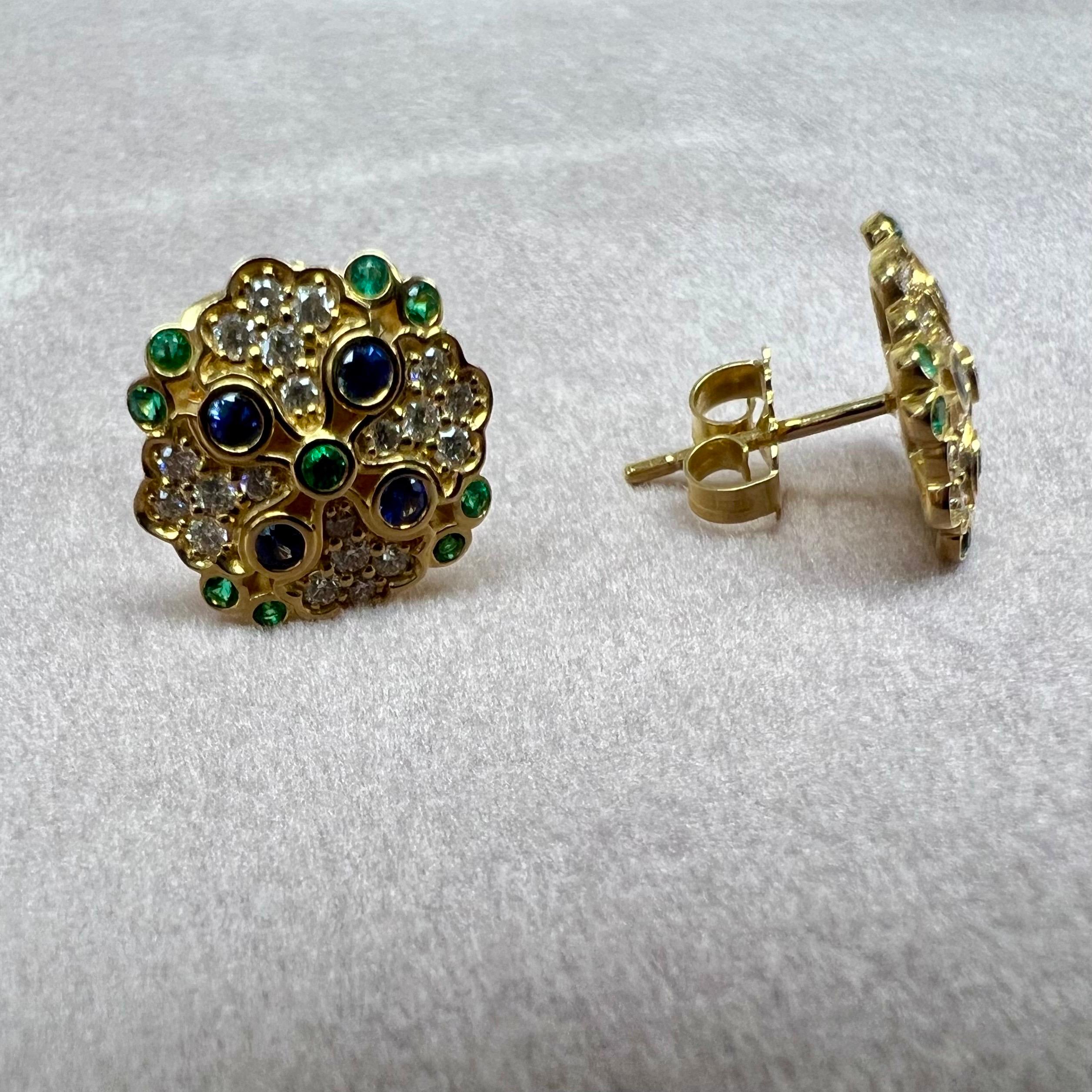Mixed Cut Syna Yellow Gold Emerald and Blue Sapphire Earrings with Diamonds For Sale
