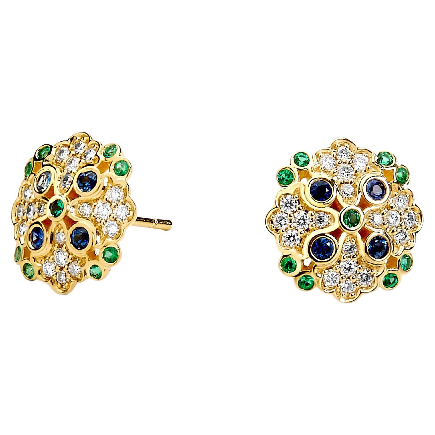 Syna Yellow Gold Emerald and Blue Sapphire Earrings with Diamonds For Sale