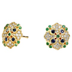 Syna Yellow Gold Emerald and Blue Sapphire Earrings with Diamonds