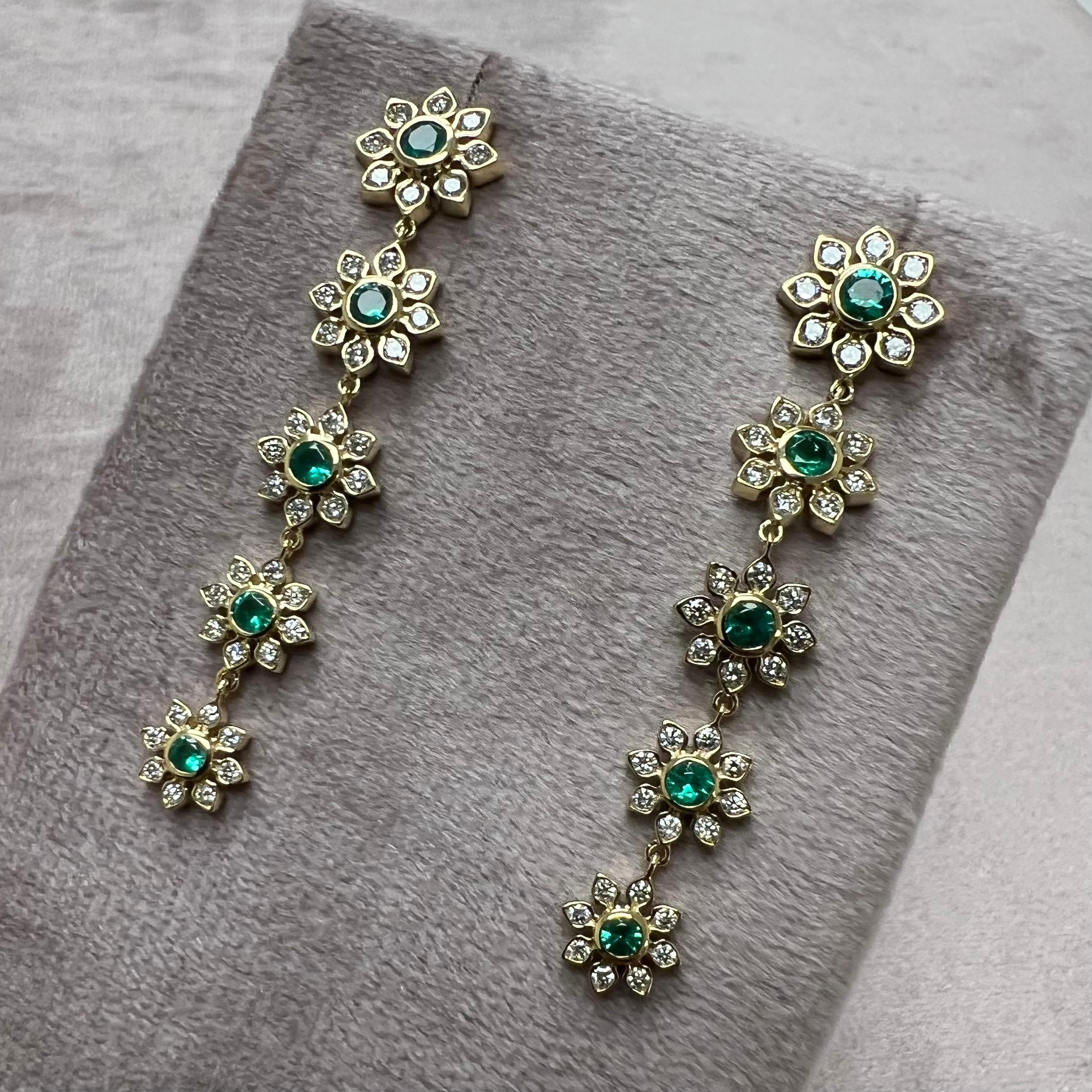 Contemporary Syna Yellow Gold Emerald and Diamond Flower Earrings For Sale