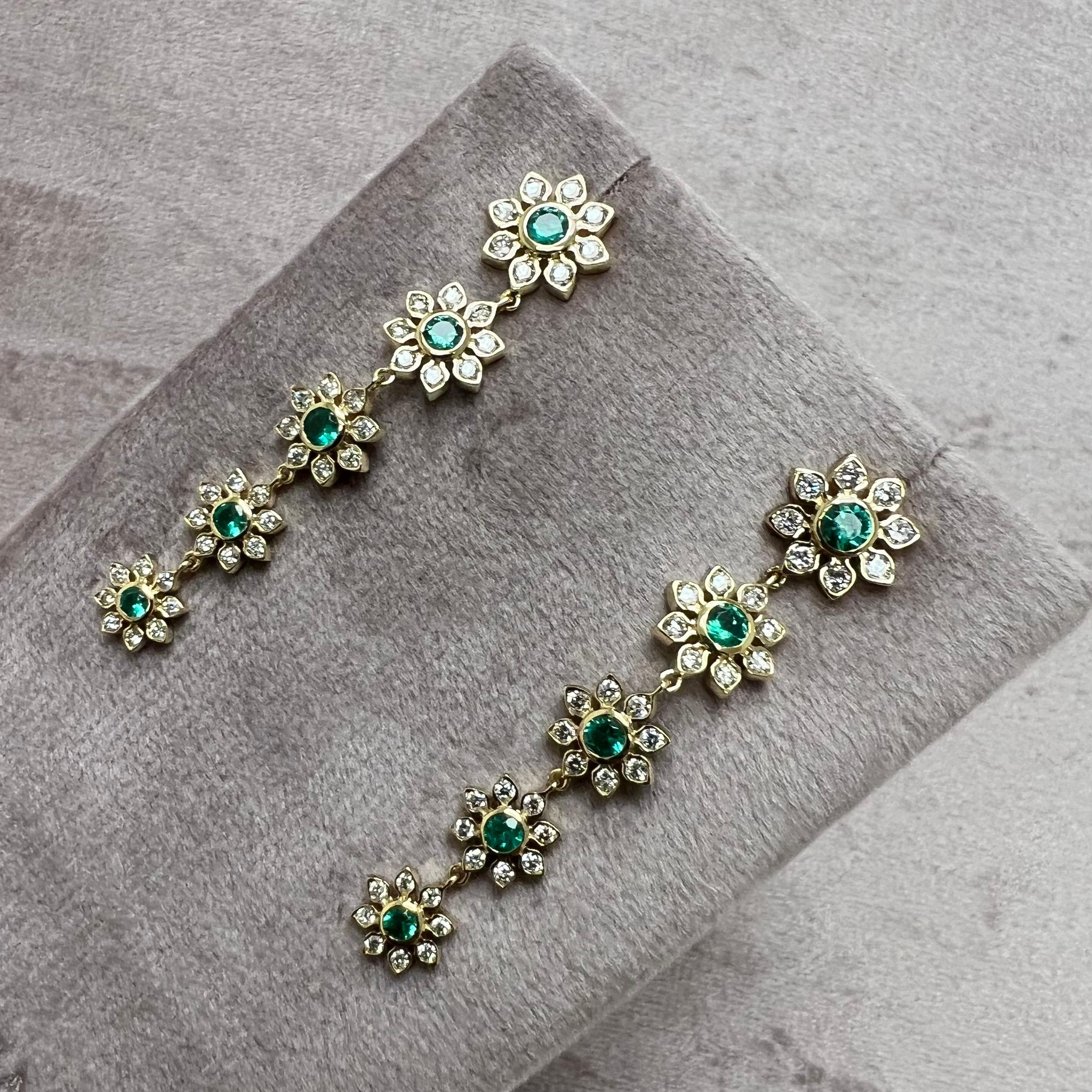 Round Cut Syna Yellow Gold Emerald and Diamond Flower Earrings For Sale
