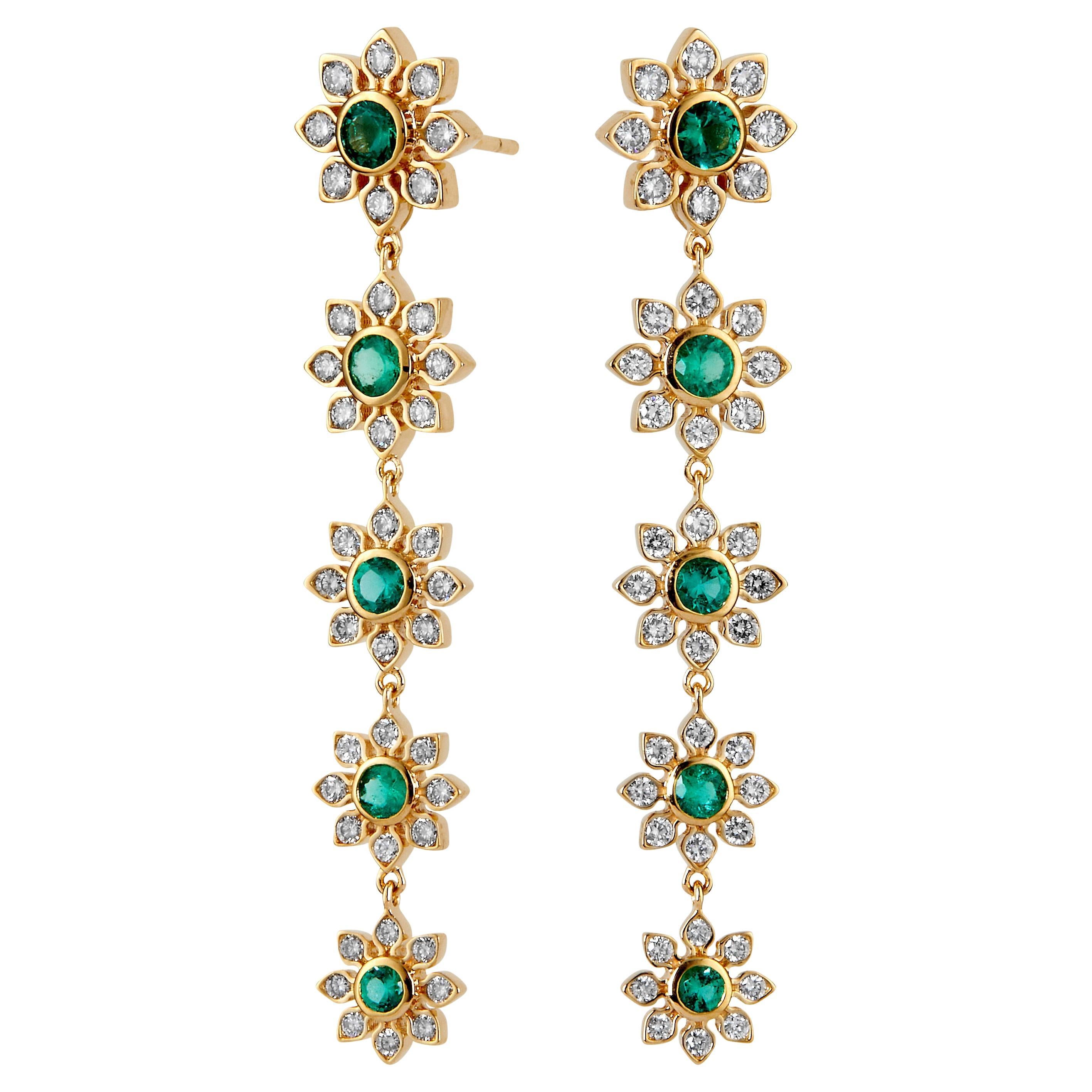 Syna Yellow Gold Emerald and Diamond Flower Earrings For Sale