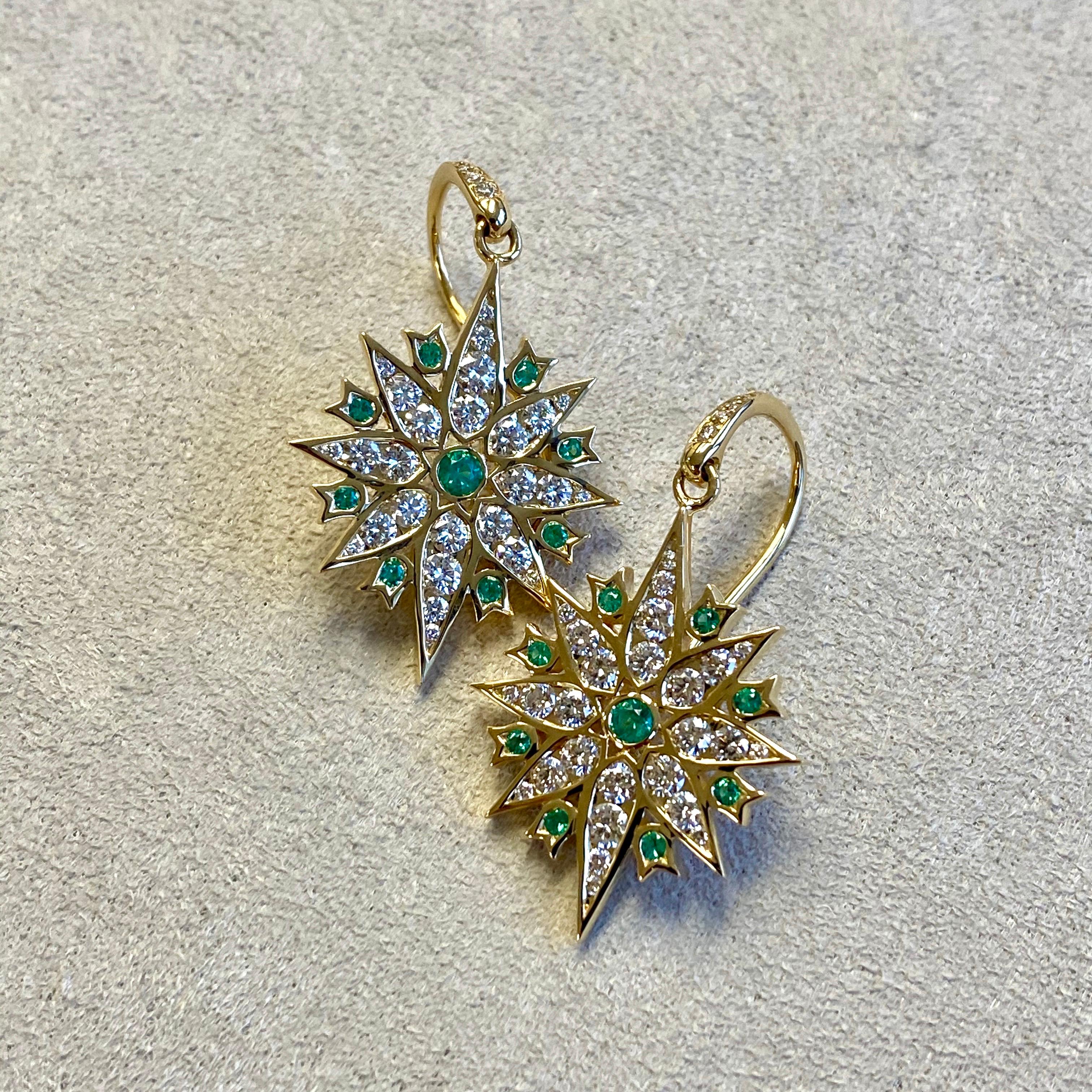 Contemporary Syna Yellow Gold Emerald Earrings with Champagne Diamonds