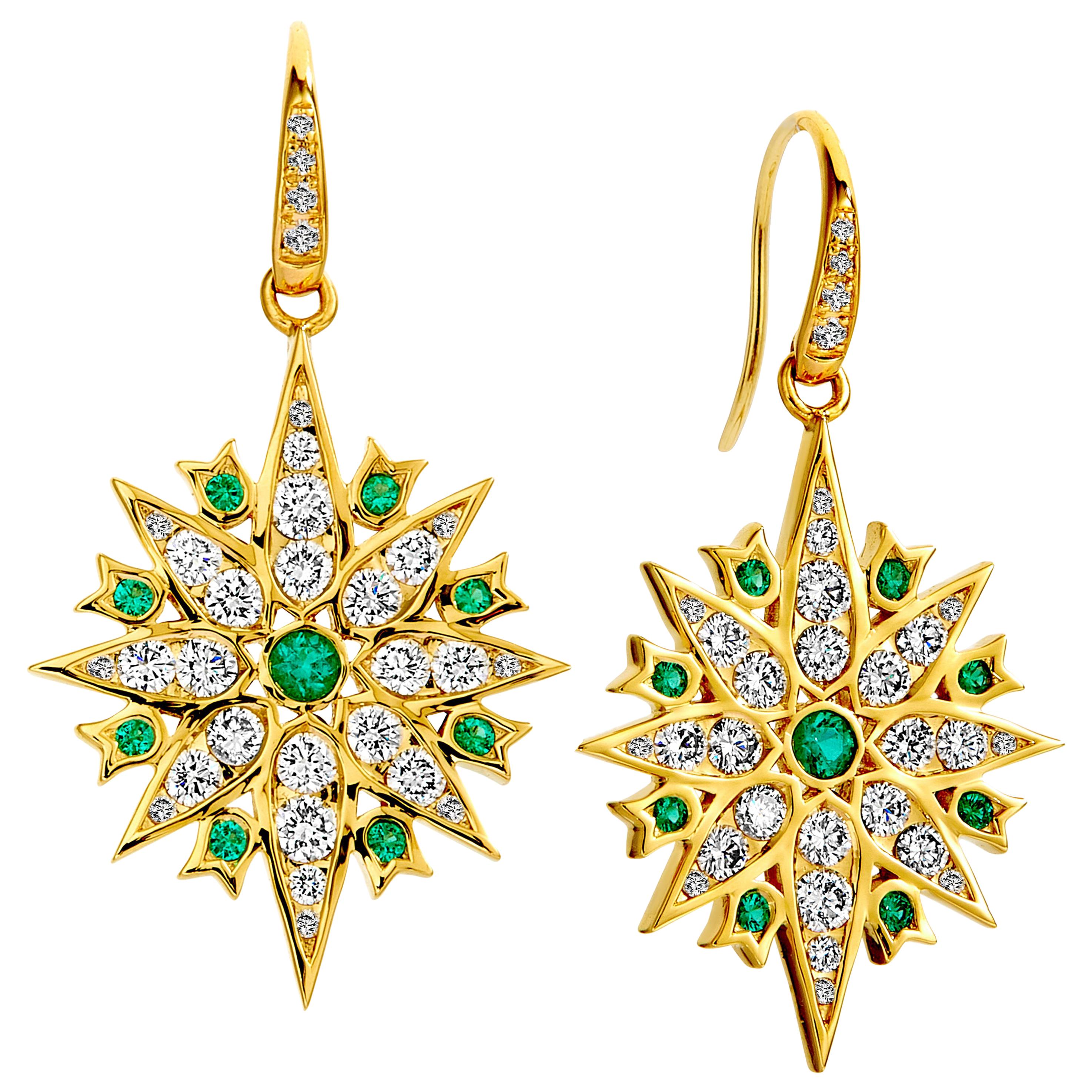 Syna Yellow Gold Emerald Earrings with Champagne Diamonds