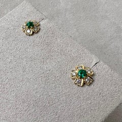 Syna Yellow Gold Emerald Flower Studs with Diamonds