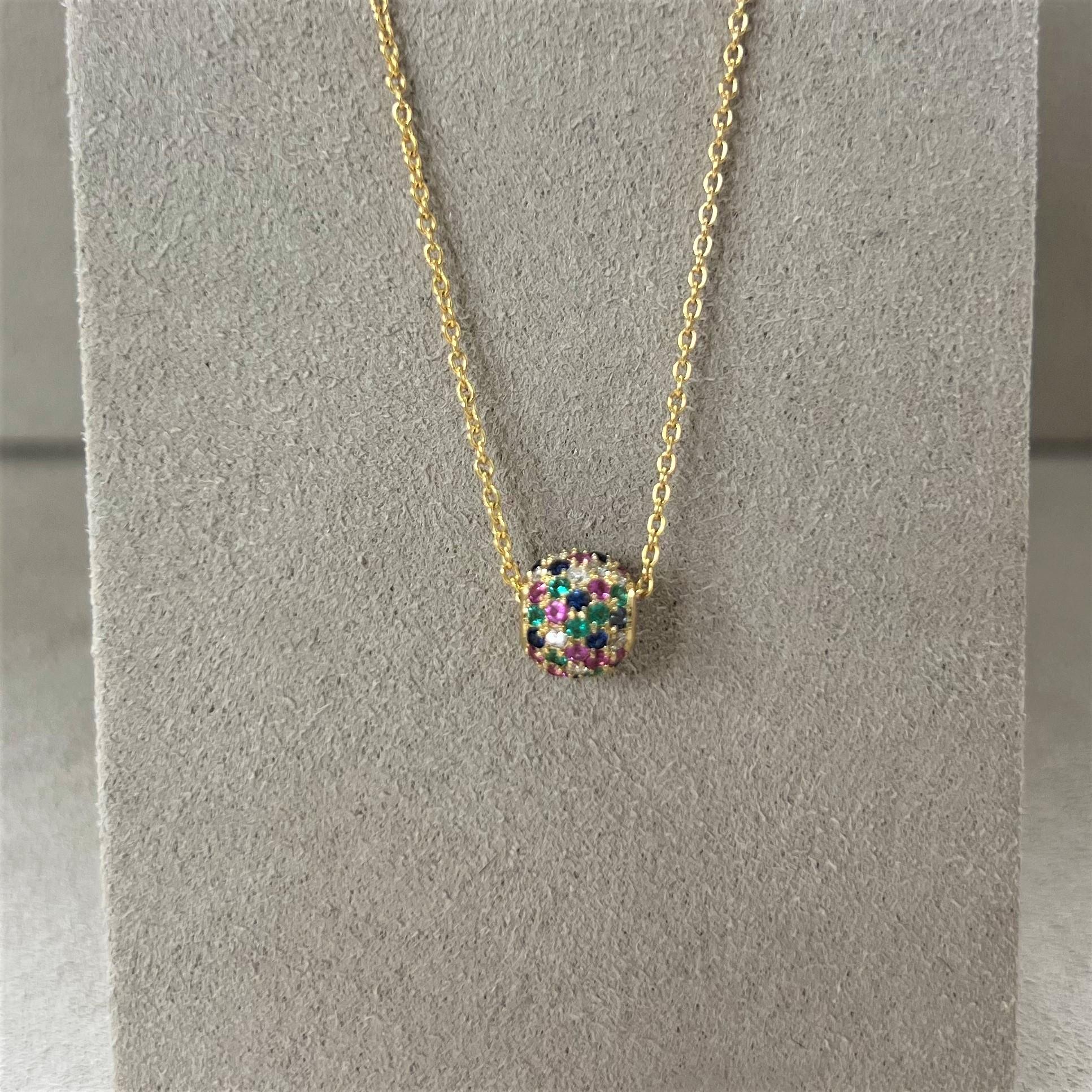 Contemporary Syna Yellow Gold Emerald, Multi Color Sapphire and Diamond Bead Necklace For Sale