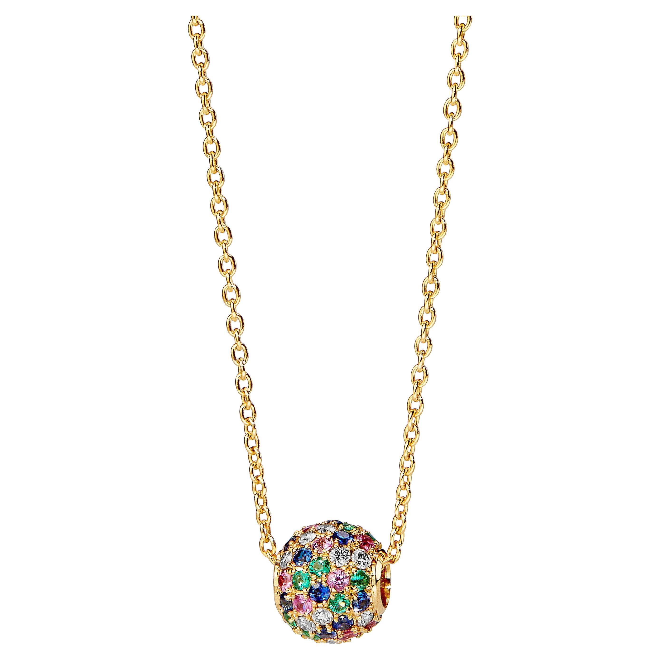 Syna Yellow Gold Emerald, Multi Color Sapphire and Diamond Bead Necklace