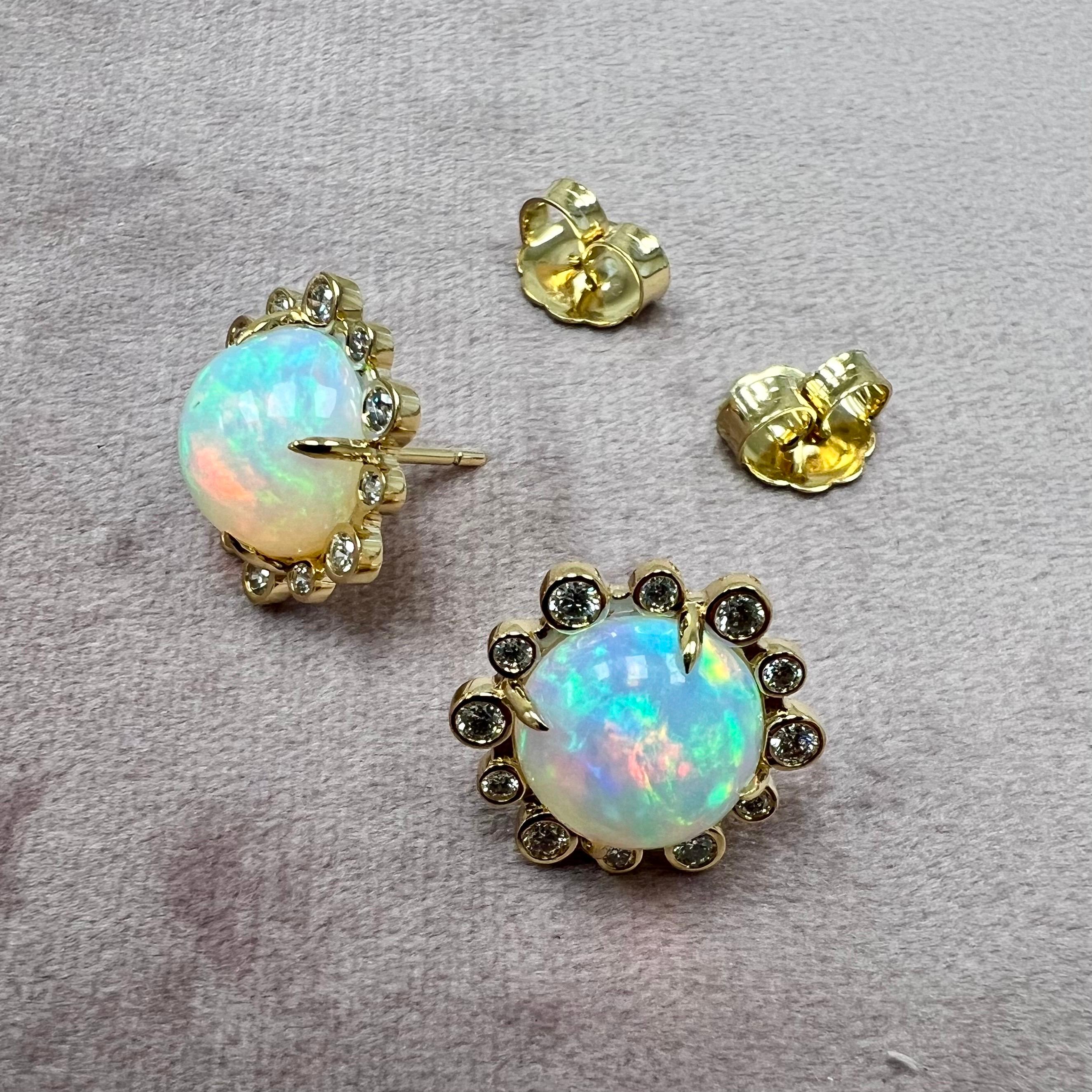 Round Cut Syna Yellow Gold Ethiopian Opal Hex Earrings with Diamonds For Sale