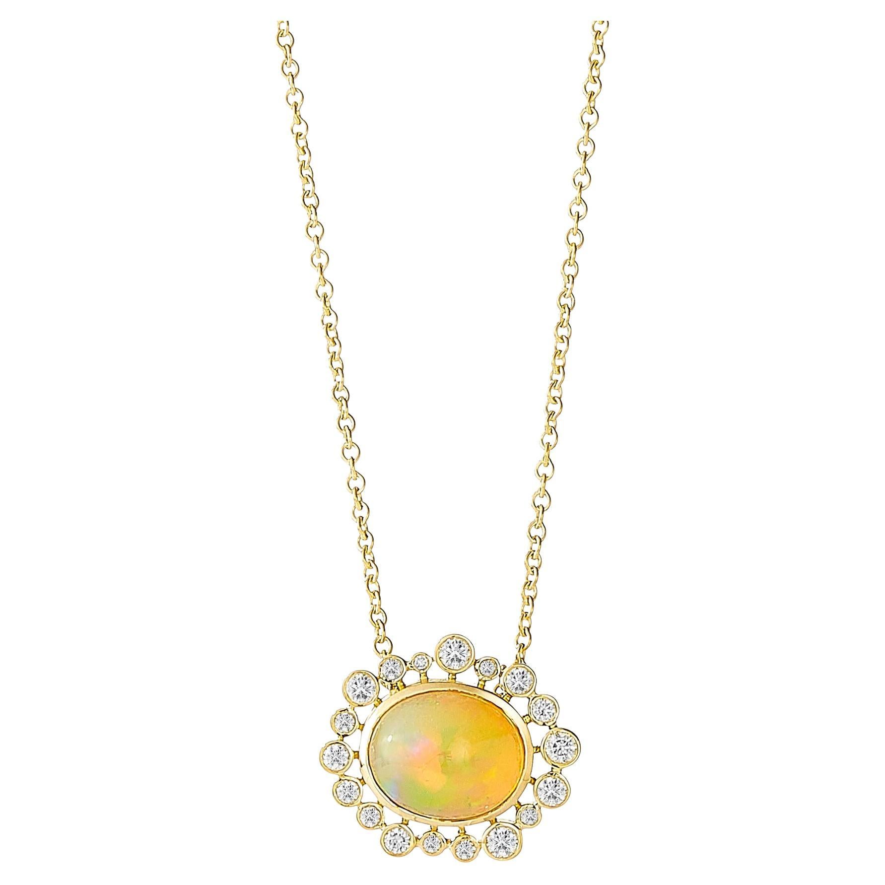 Syna Yellow Gold Ethiopian Opal Necklace with Diamonds For Sale