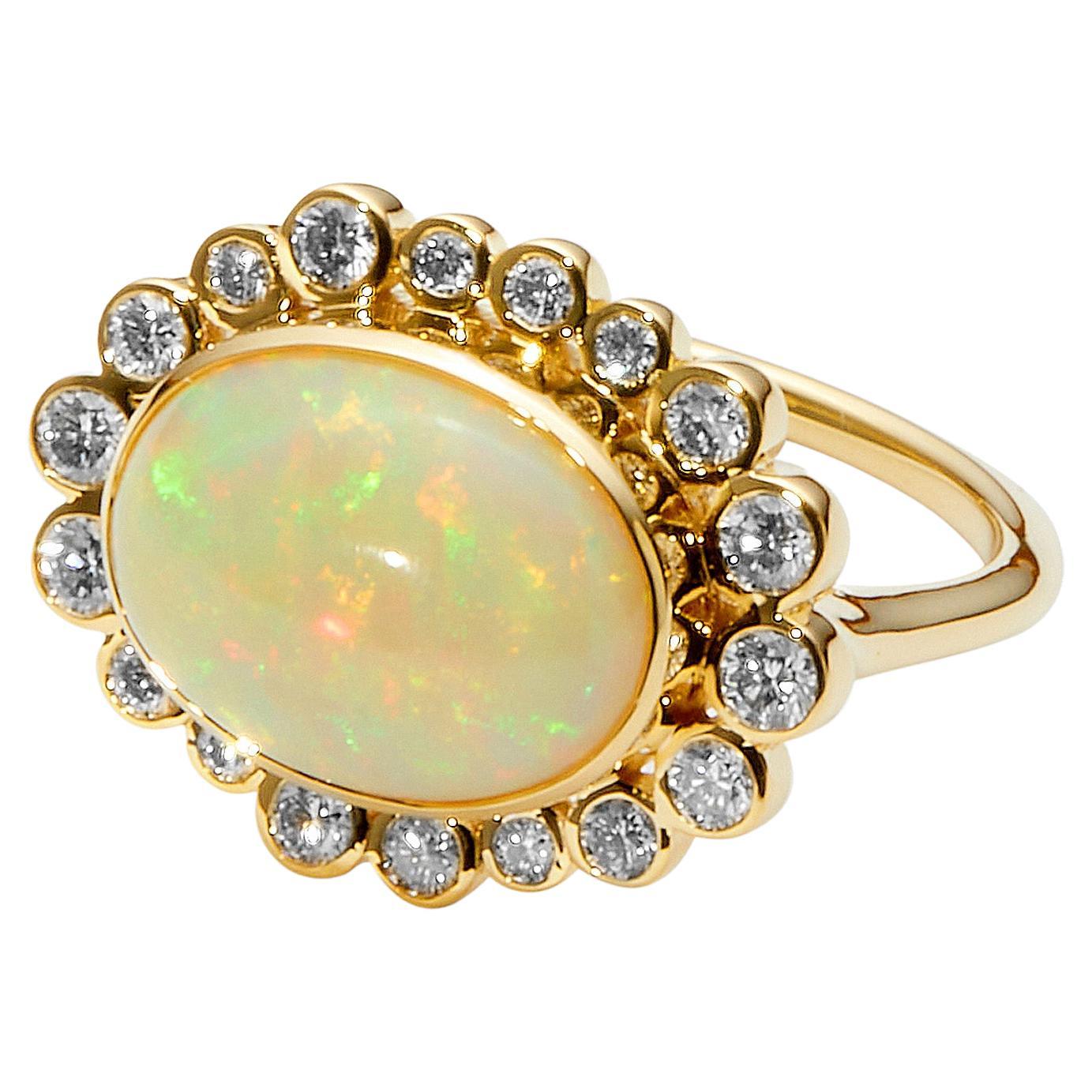 Syna Yellow Gold Ethiopian Opal Oval Ring with Diamonds For Sale