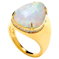 Syna Yellow Gold Ethiopian Opal Pear Shaped Ring with Champagne Diamonds