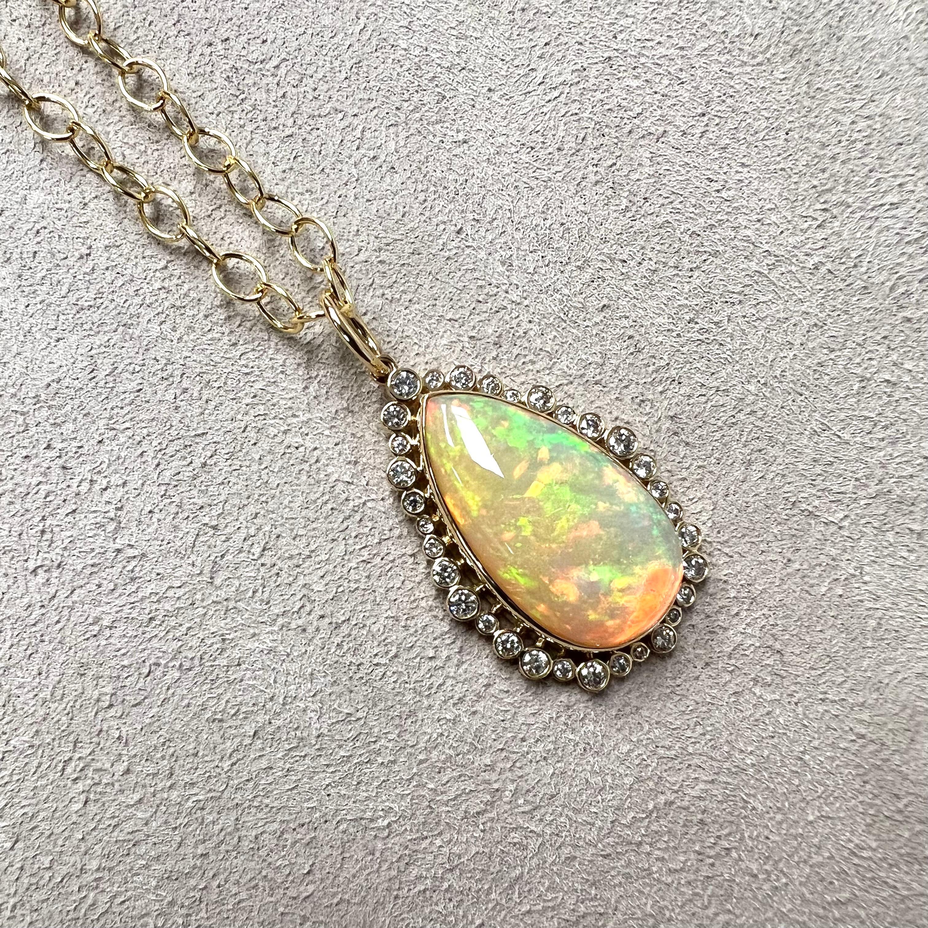 Contemporary Syna Yellow Gold Ethiopian Opal Pendant with Diamonds For Sale