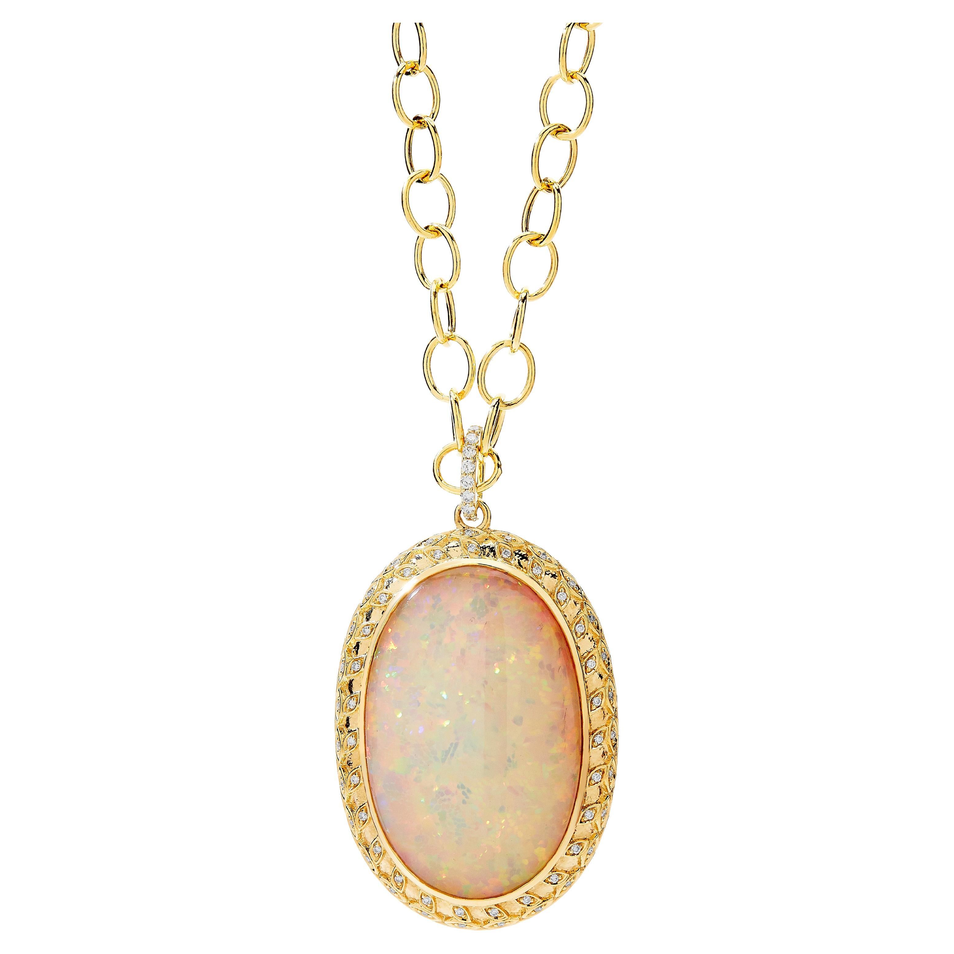 Syna Yellow Gold Ethiopian Opal Pendant with Diamonds For Sale