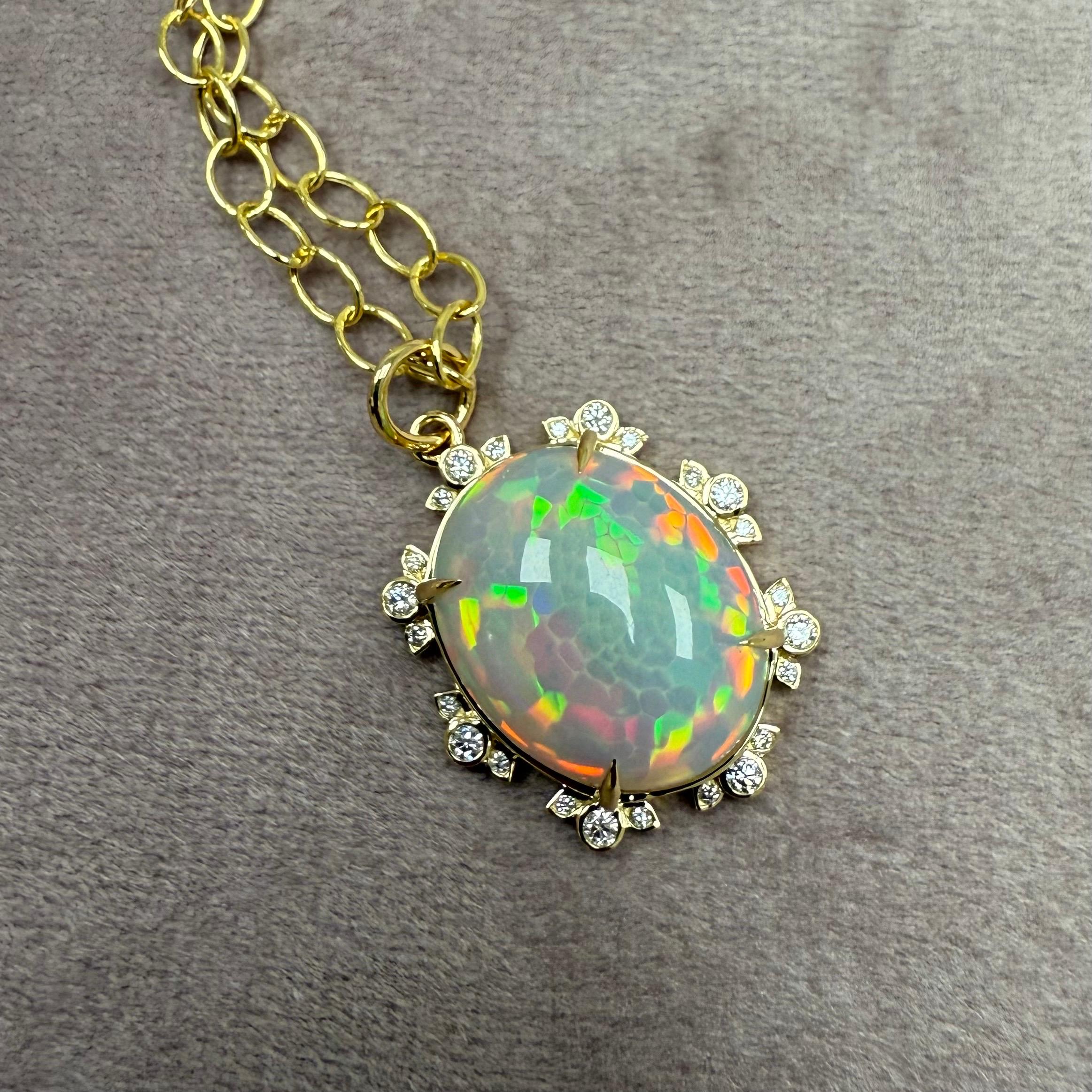 Oval Cut Syna Yellow Gold Ethiopian Opal Pendant with Diamonds For Sale