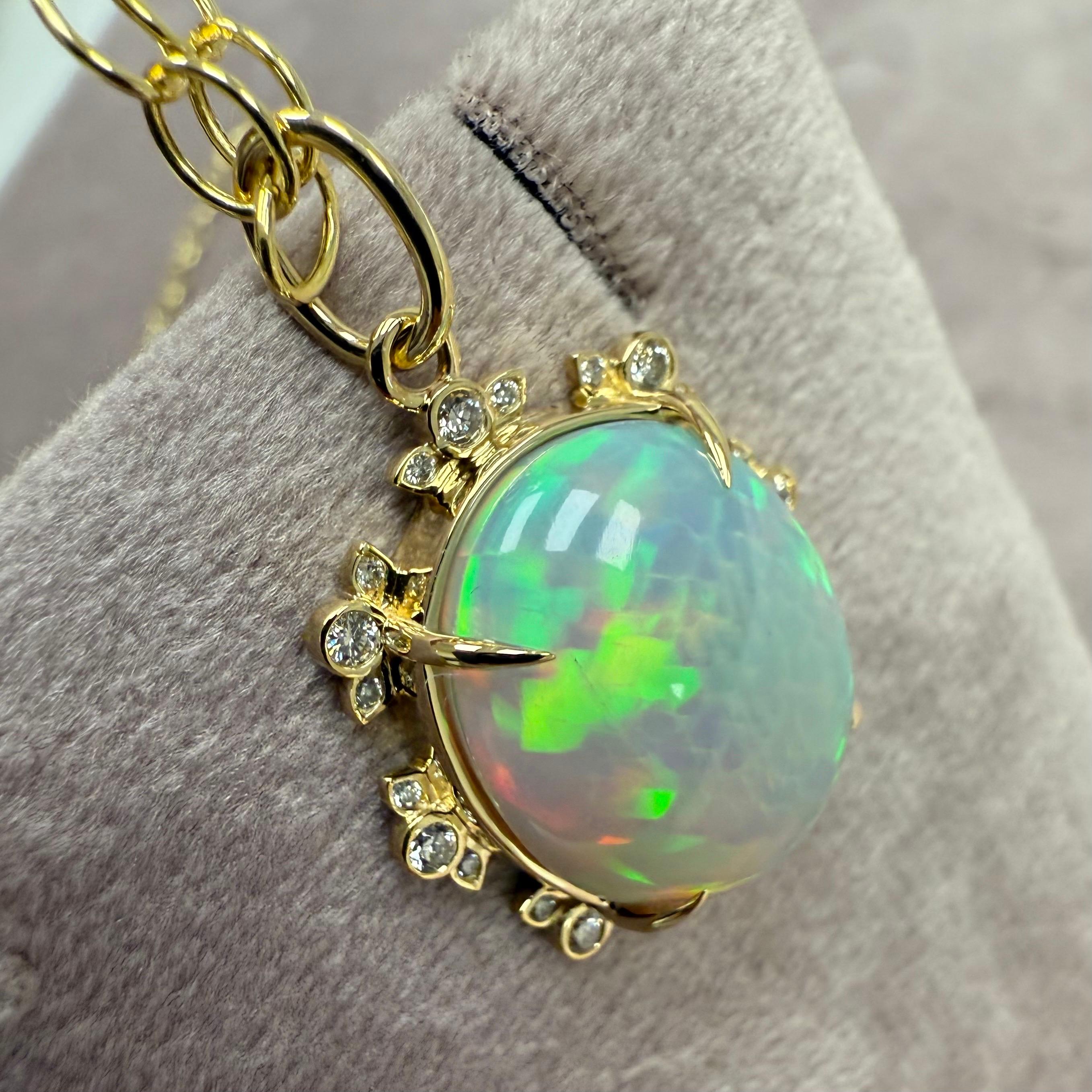 Syna Yellow Gold Ethiopian Opal Pendant with Diamonds In New Condition For Sale In Fort Lee, NJ