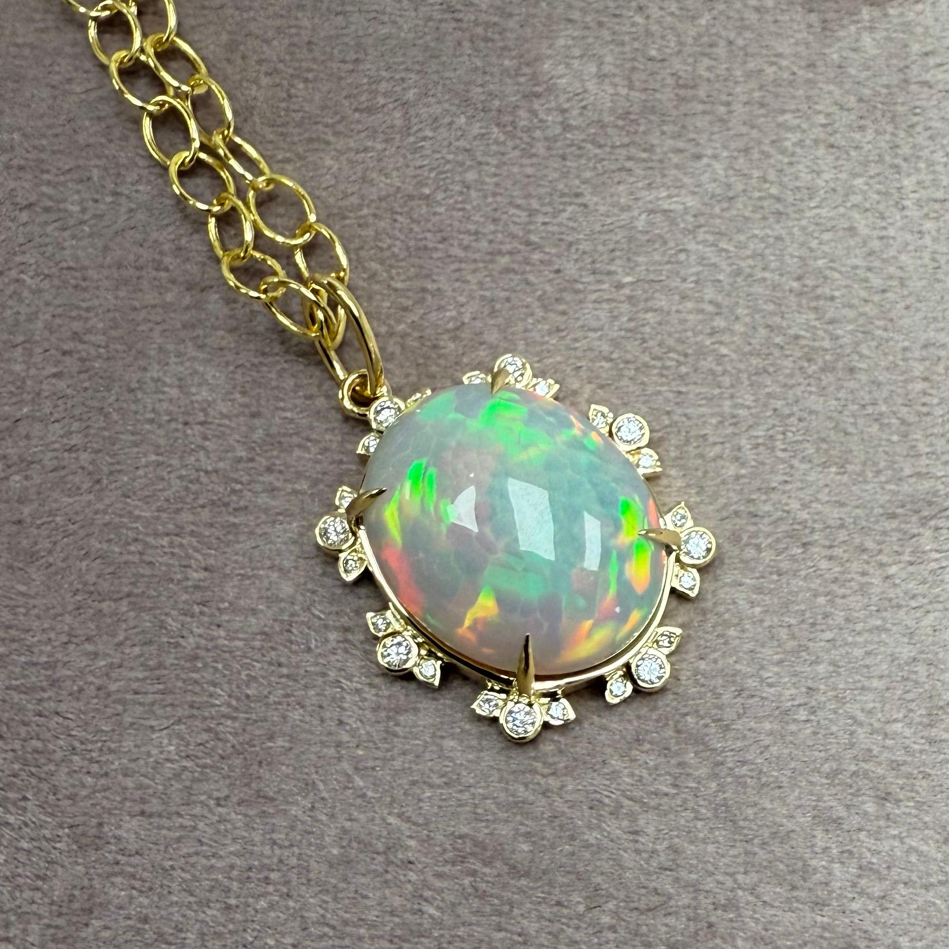 Women's Syna Yellow Gold Ethiopian Opal Pendant with Diamonds For Sale