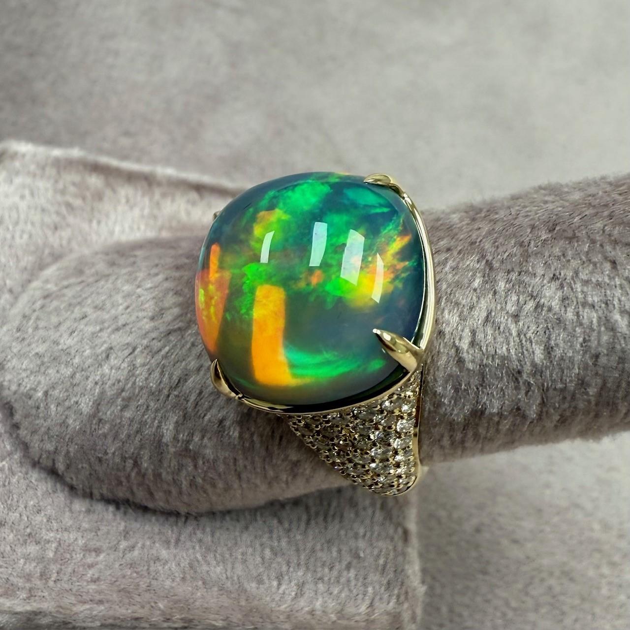 Contemporary Syna Yellow Gold Ethiopian Opal Ring with Diamonds