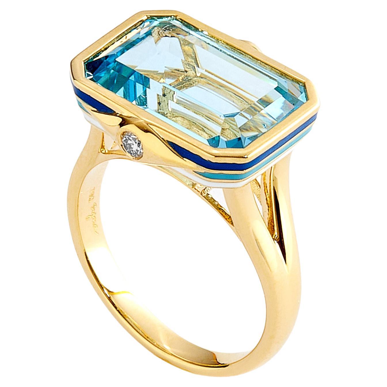 Blue Topaz & White Enamel Queen Ring