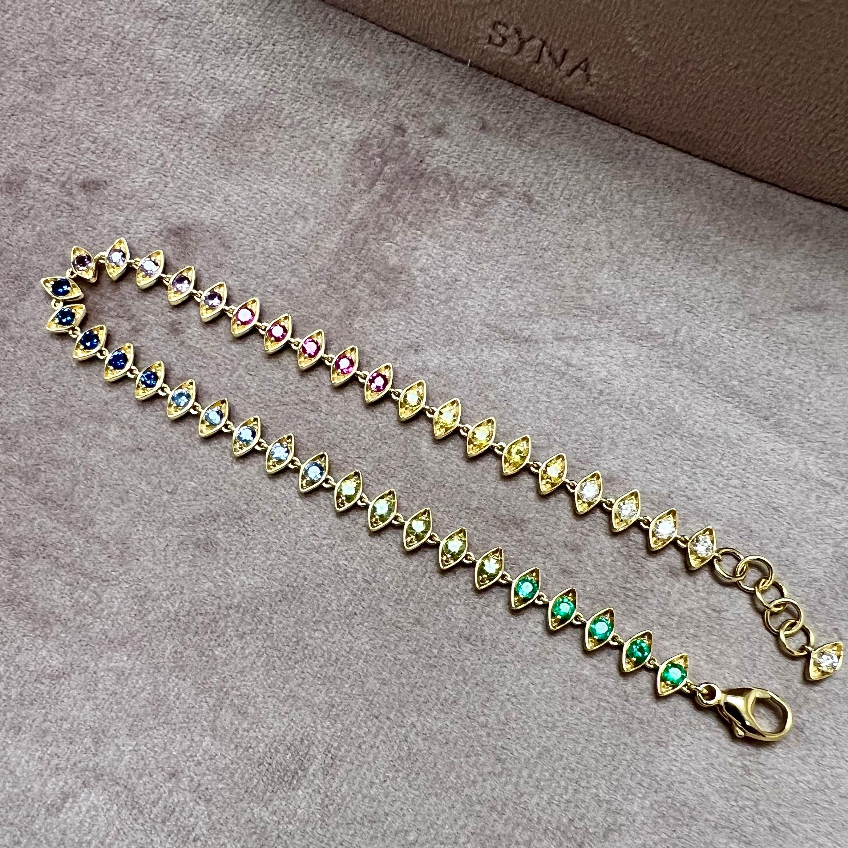 Contemporary Syna Yellow Gold Evil Eye Bracelet with Rainbow Sapphires, Emeralds & Diamonds For Sale