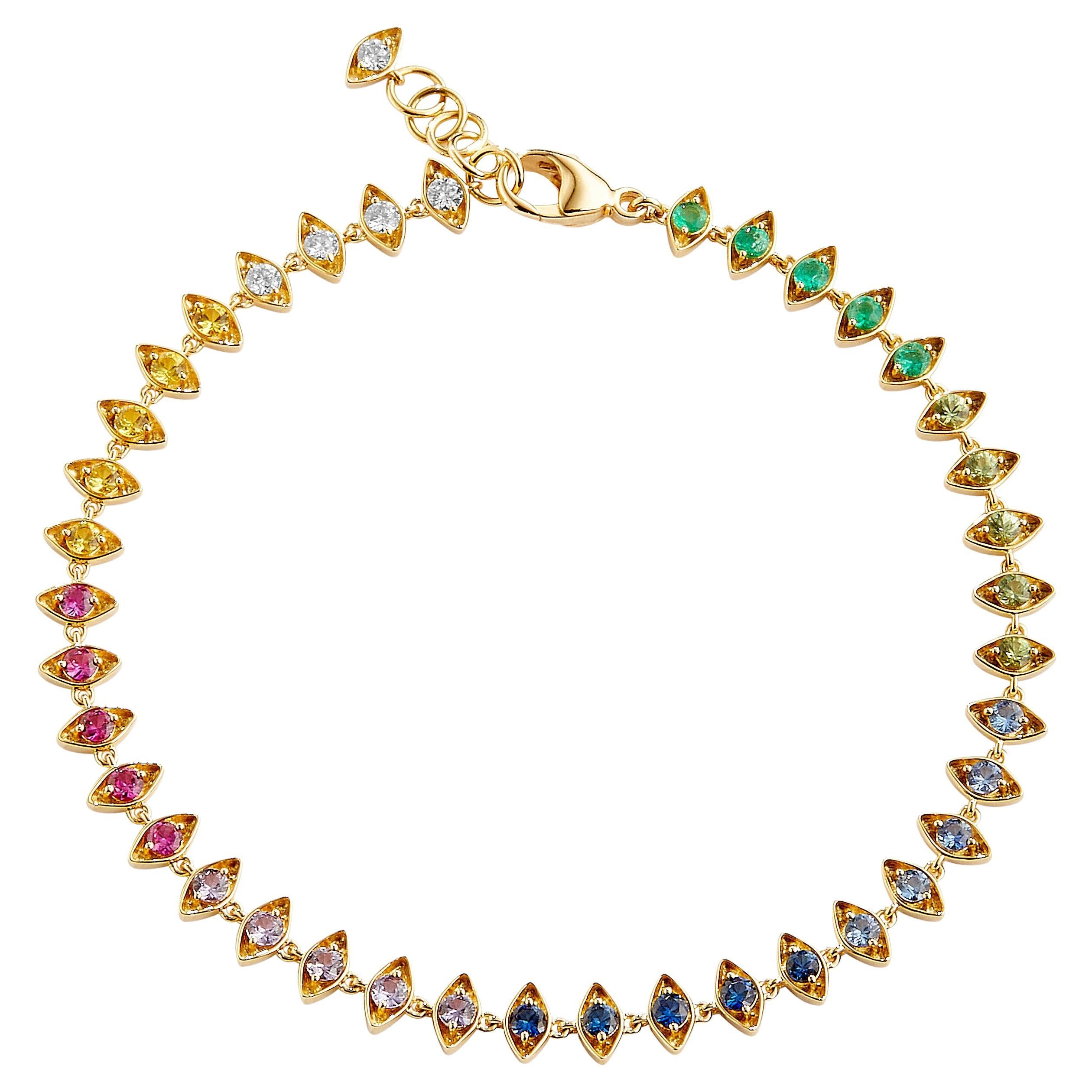 Syna Yellow Gold Evil Eye Bracelet with Rainbow Sapphires, Emeralds & Diamonds For Sale