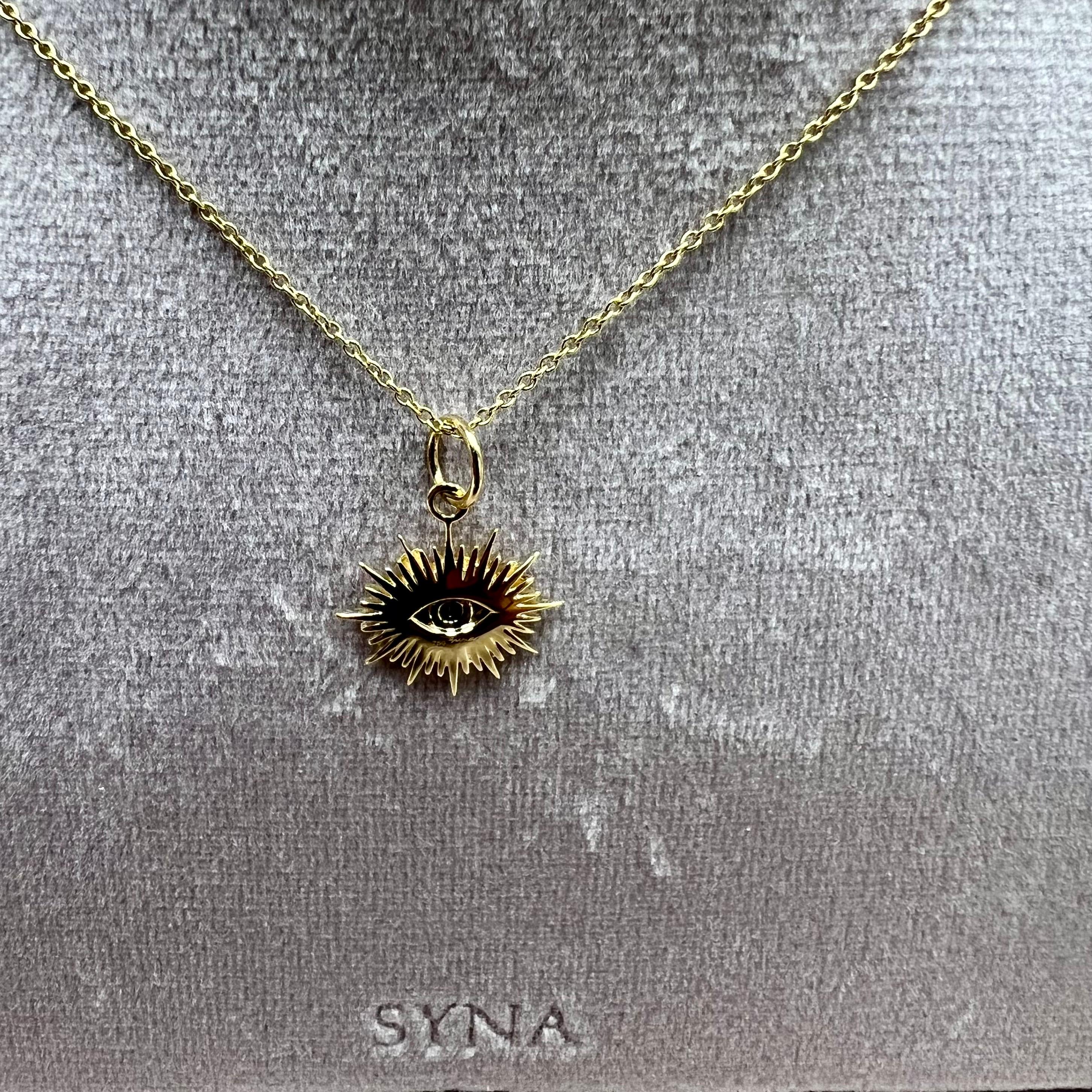 Contemporary Syna Yellow Gold Evil Eye Charm Pendant with Sapphire and Diamonds For Sale