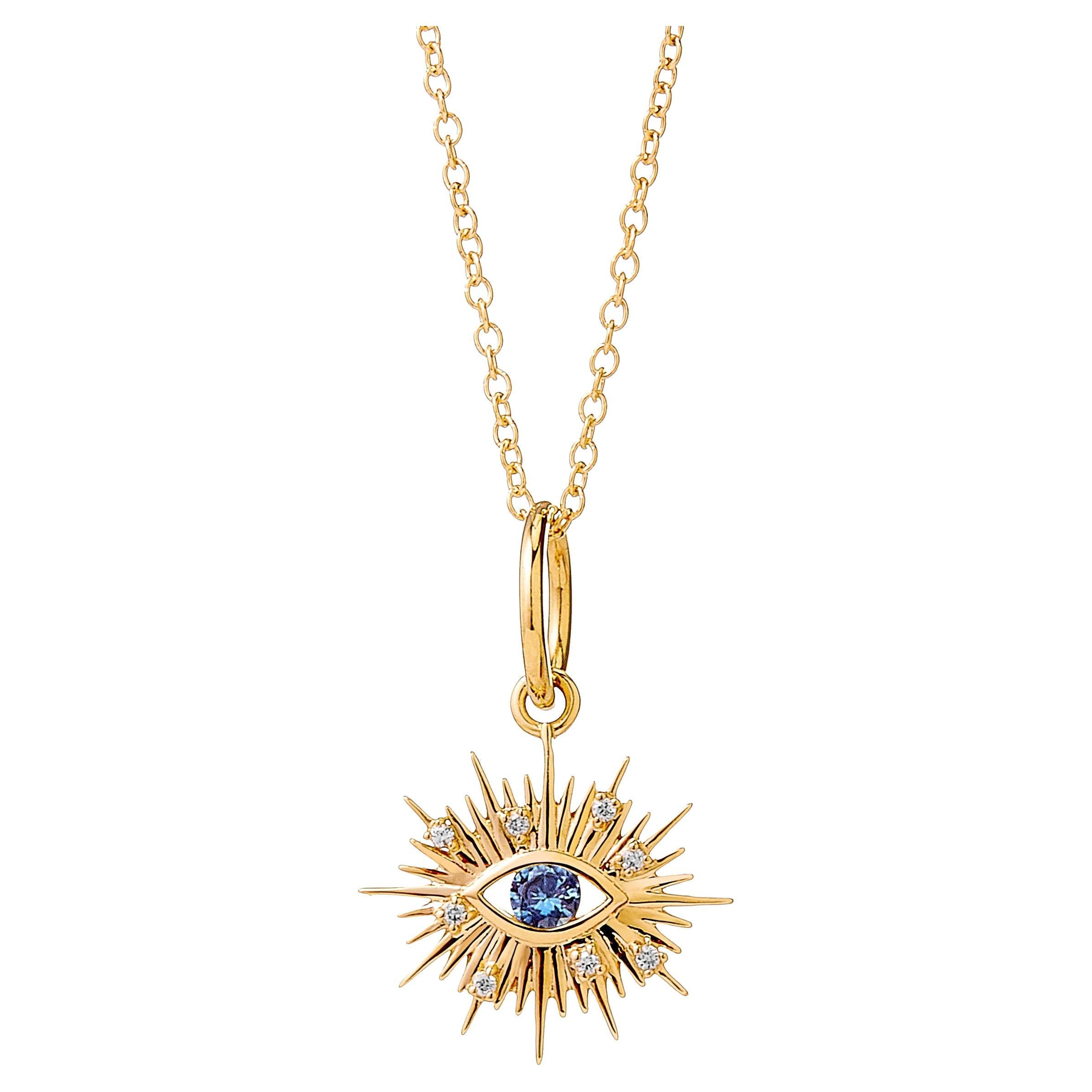 Syna Yellow Gold Evil Eye Charm Pendant with Sapphire and Diamonds For Sale