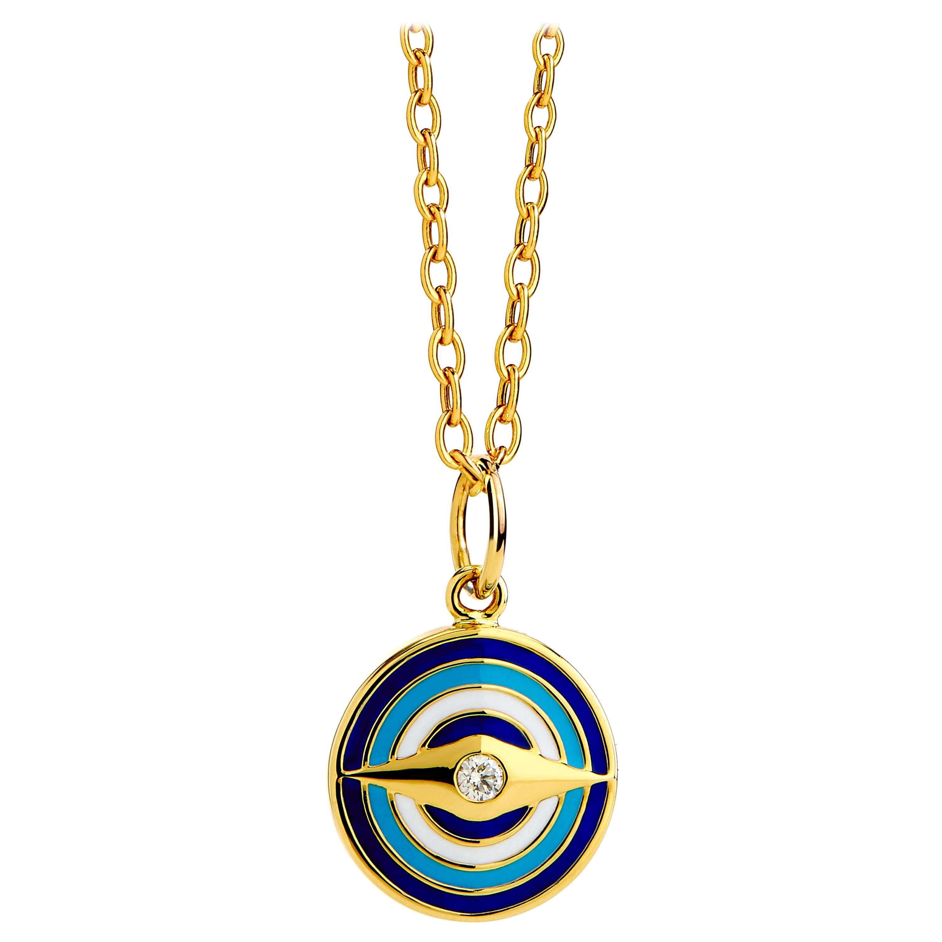 Syna Yellow Gold Evil Eye Enamel Reversible Pendant with Diamonds For Sale