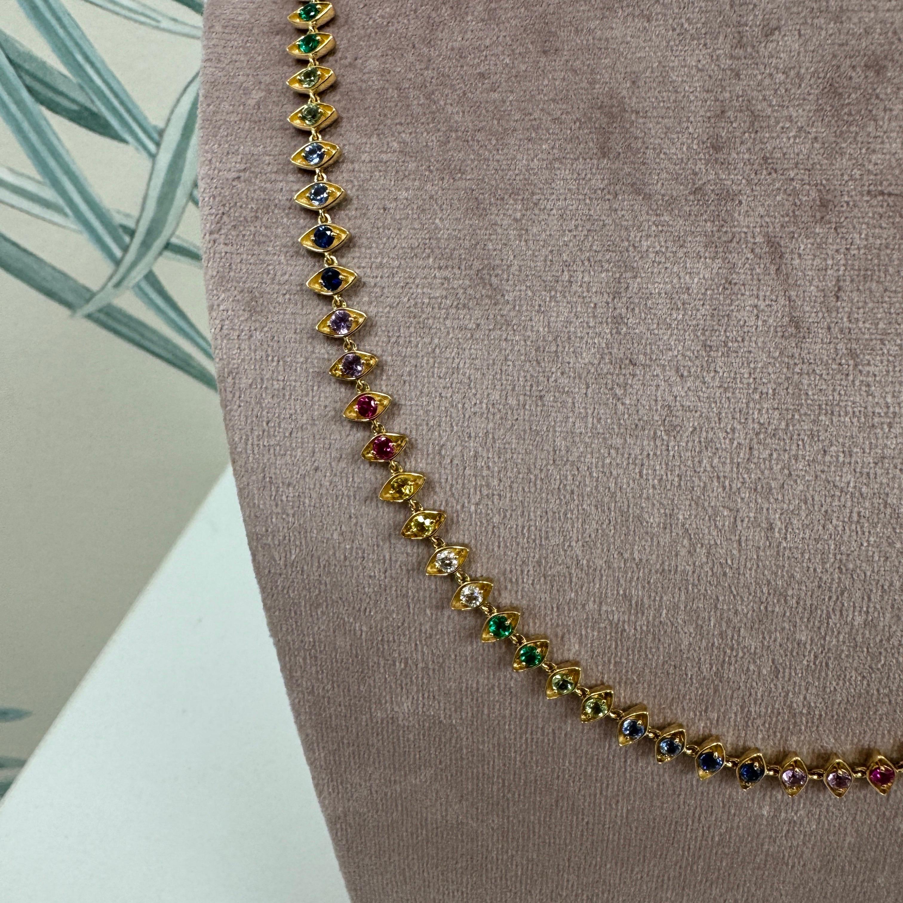 Mixed Cut Syna Yellow Gold Evil Eye Necklace with Rainbow Sapphires, Emeralds and Diamonds For Sale
