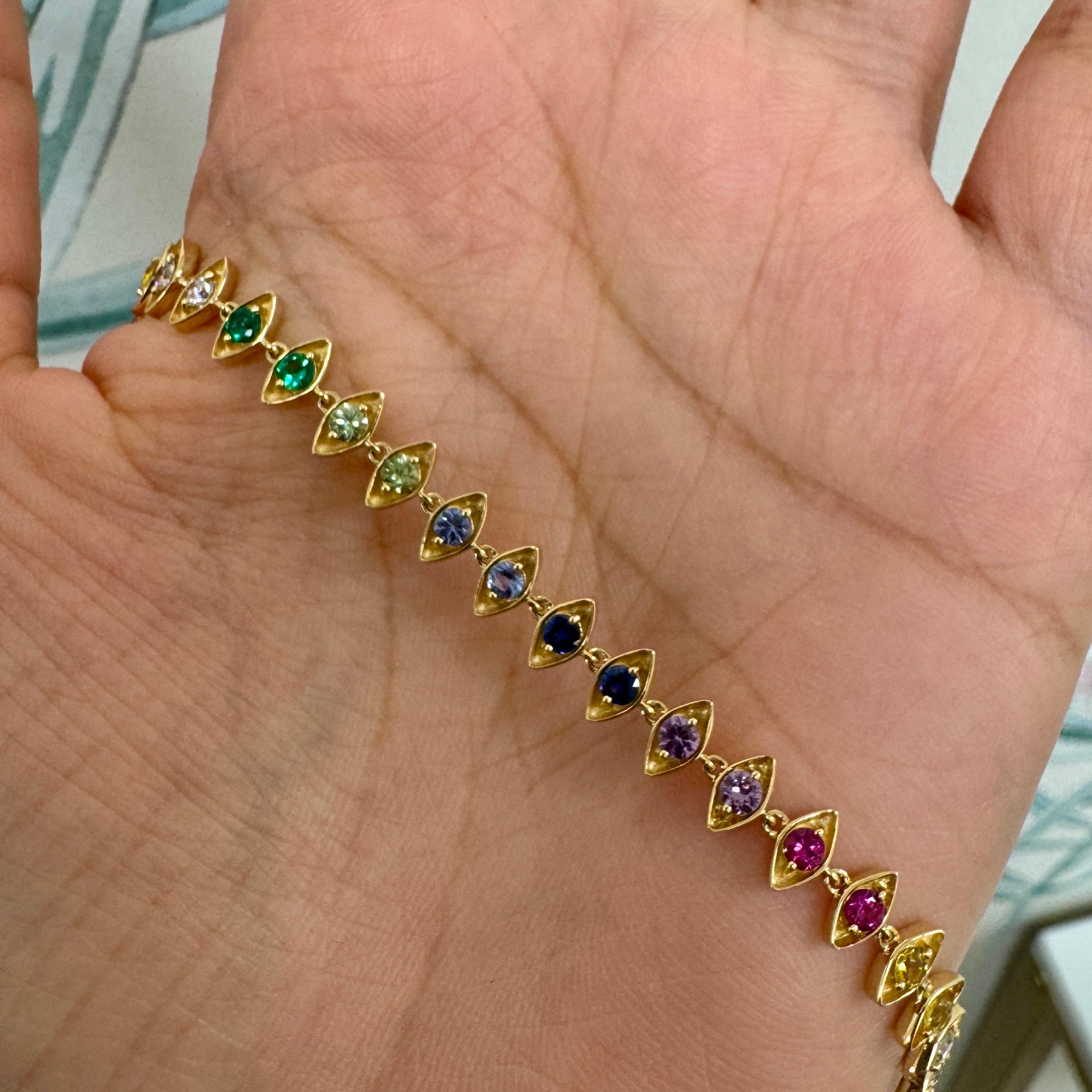 Syna Yellow Gold Evil Eye Necklace with Rainbow Sapphires, Emeralds and Diamonds In New Condition For Sale In Fort Lee, NJ