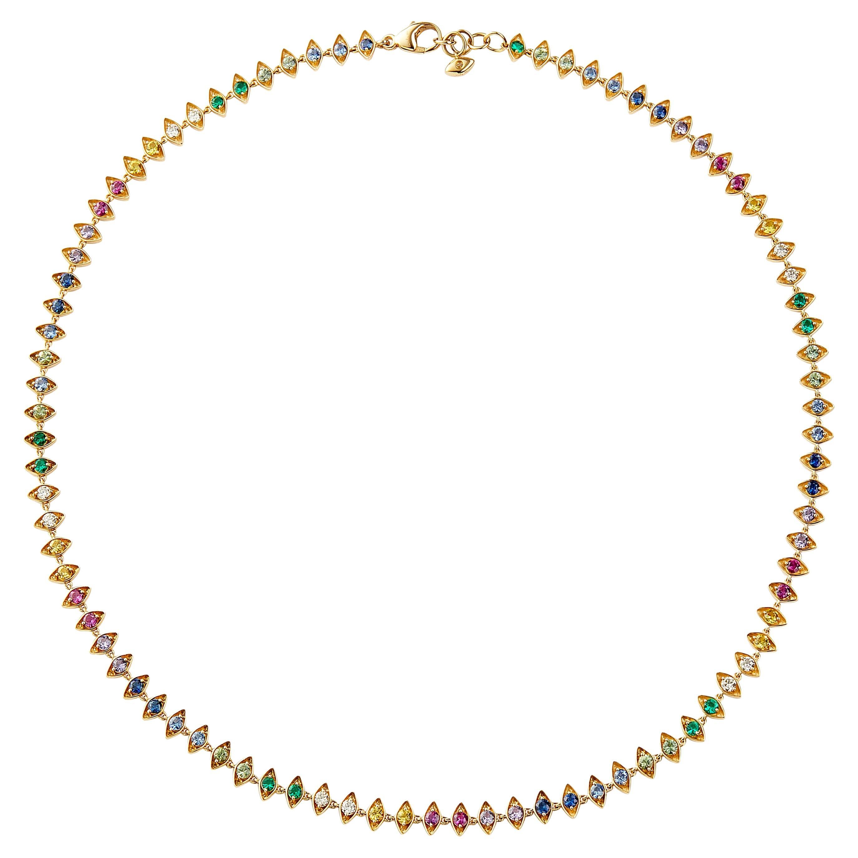 Syna Gelbgold Evil Eye Halskette mit Regenbogen-Saphiren, Smaragden und Diamanten