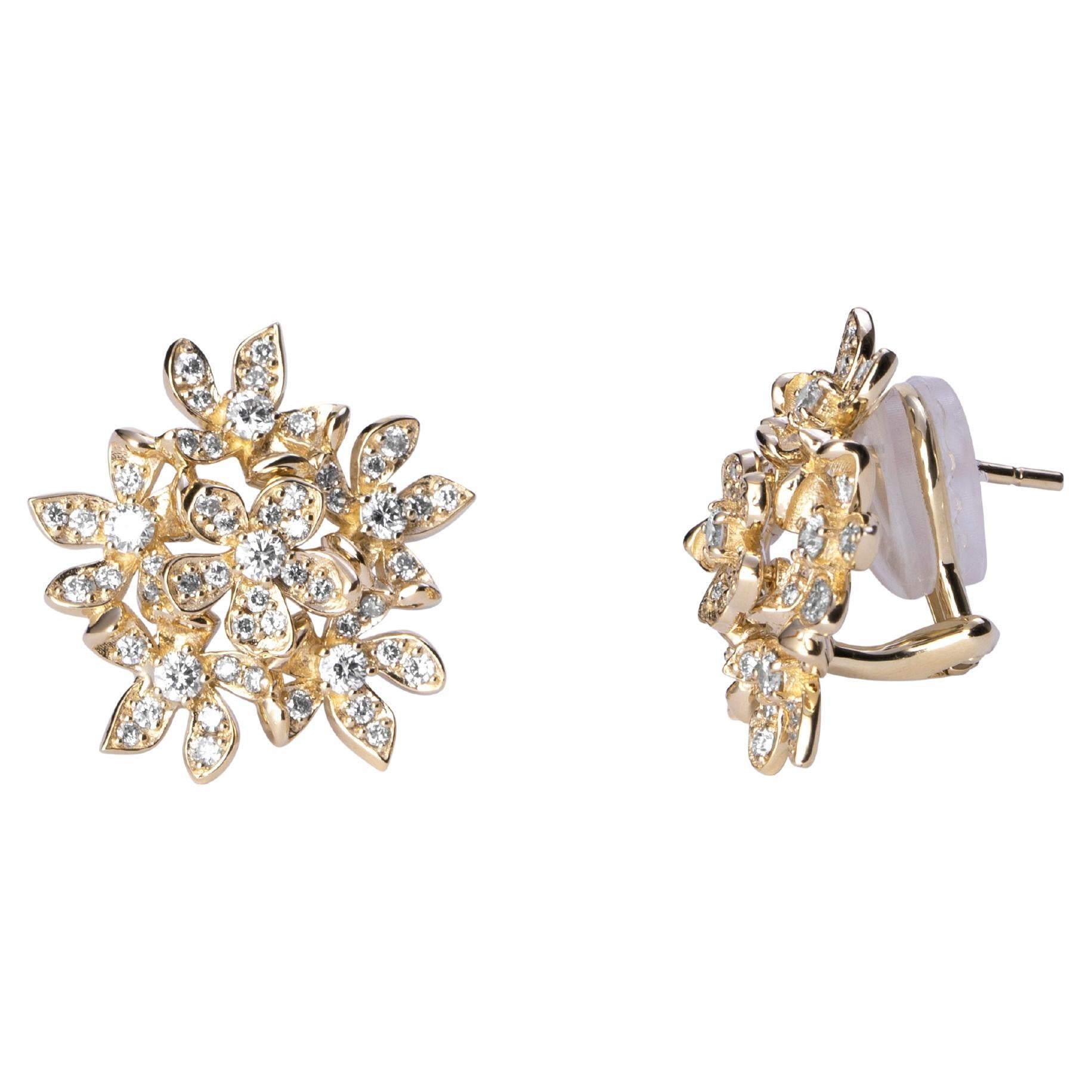 Syna Yellow Gold Flower Bunch Earrings with Diamonds For Sale