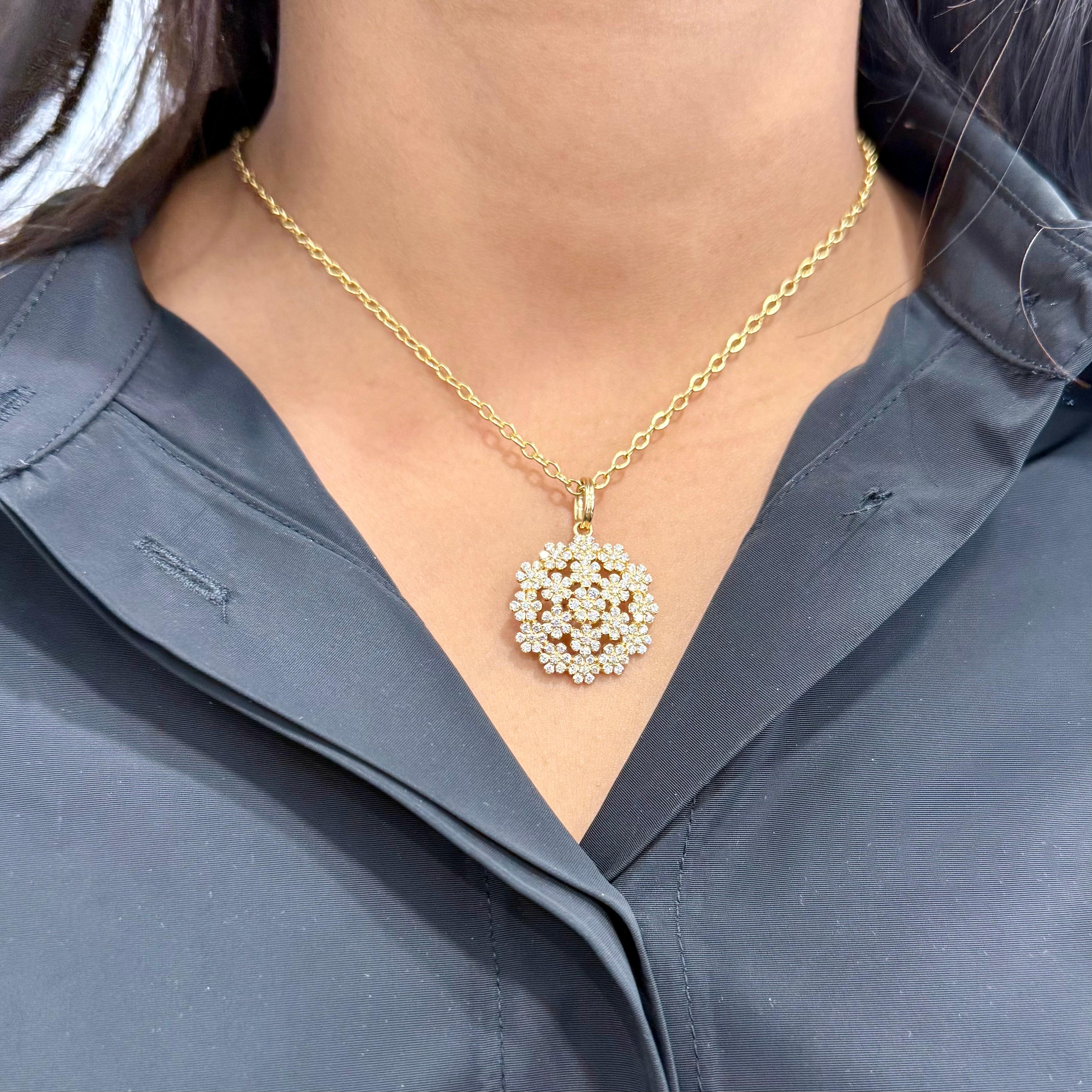 Round Cut Syna Yellow Gold Flower Bunch Pendant with Diamonds For Sale
