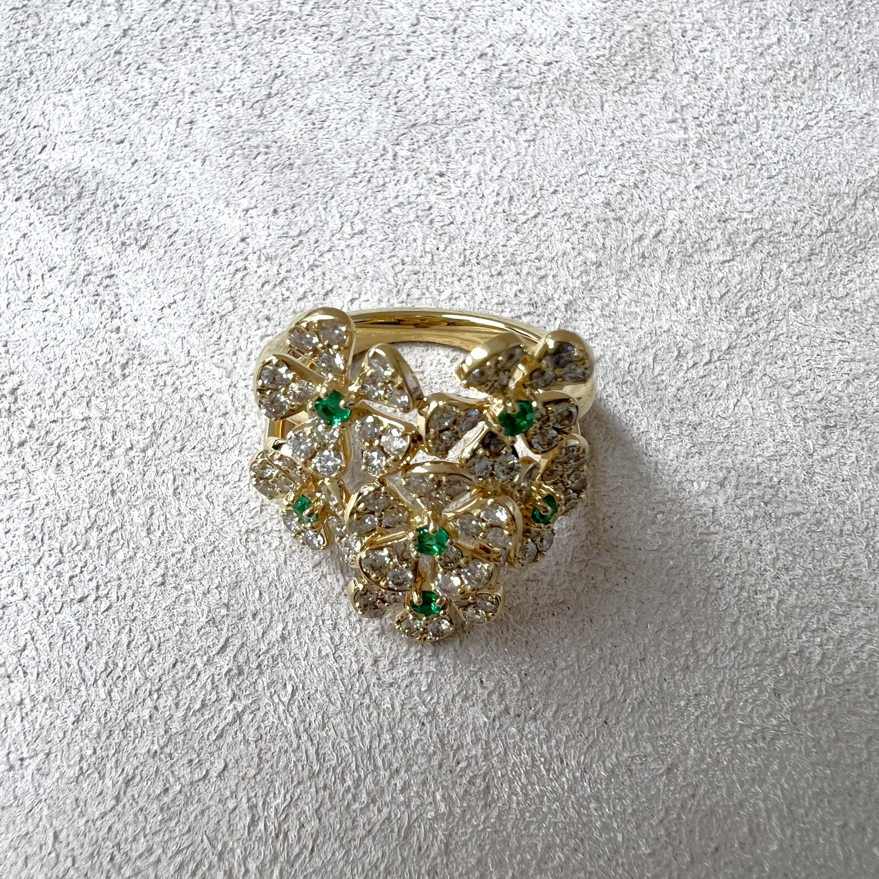 Created in 18 karat yellow gold
Emeralds 0.15 carat approx.
Diamonds 1.35 carats approx.
Ring size US 7, can be made in other ring sizes on special order
Limited edition

Exquisitely crafted in 18 karat yellow gold, this limited edition ring
