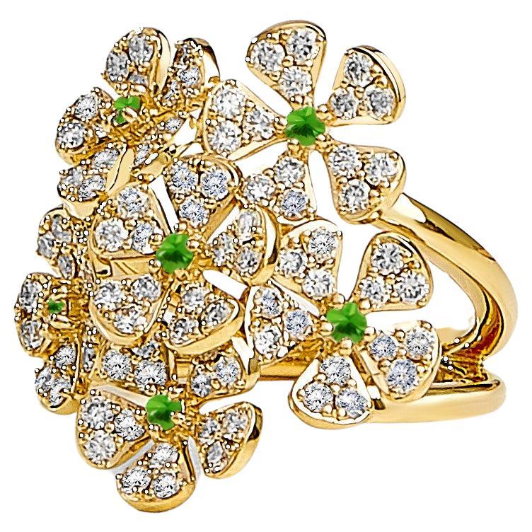 Syna Yellow Gold Flower Bunch Ring with Emeralds and Diamonds For Sale